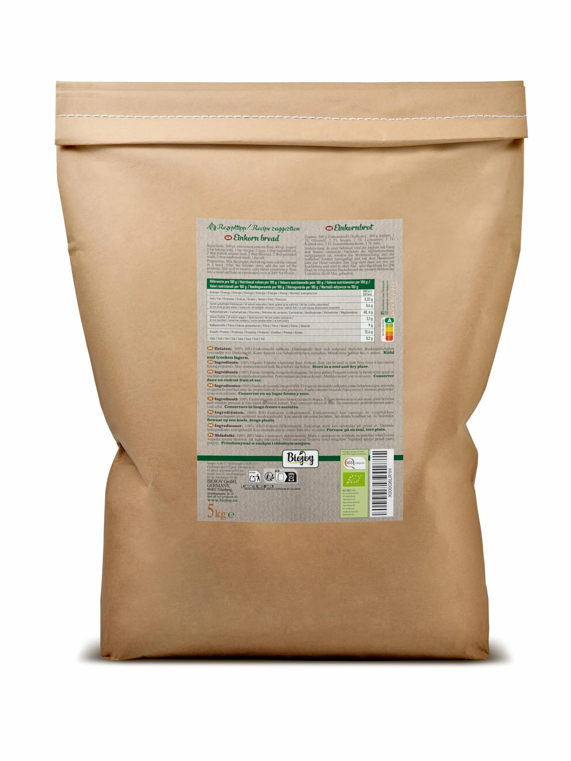 Biojoy Harina de Escanda Integral Ecológica (5 kg), Granos de Escanda molidas (Triticum monococcum)