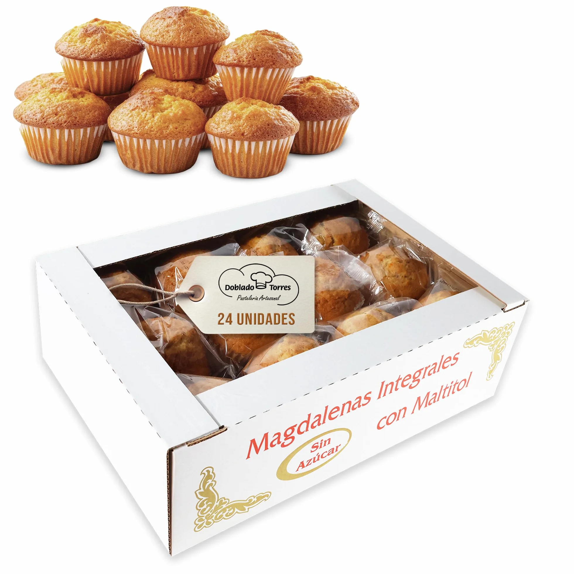 Doblado Torres Magdalenas Integral Sin Azúcar - Magdalenas Caseras con Huevos Frescos. Bollería Sin Azúcar. Ideal para un Desayuno Saludable. Envasadas Individualmente 24 unidades