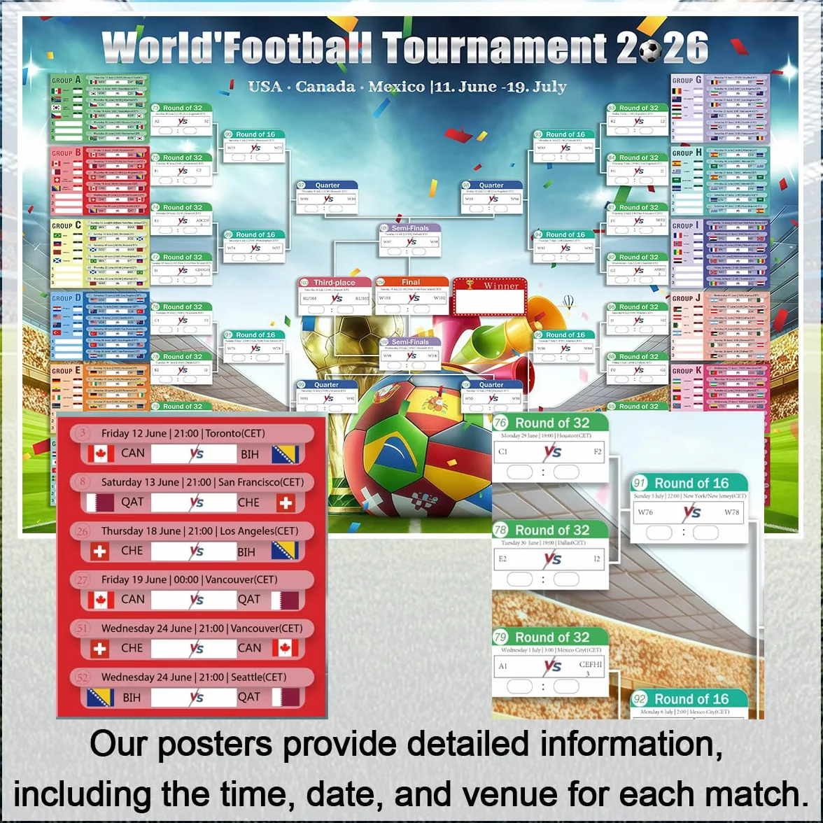 Póster de Calendario Copa del Mundo 2026 150x100 cm 48 Equipos Participantes e Info de Partidos