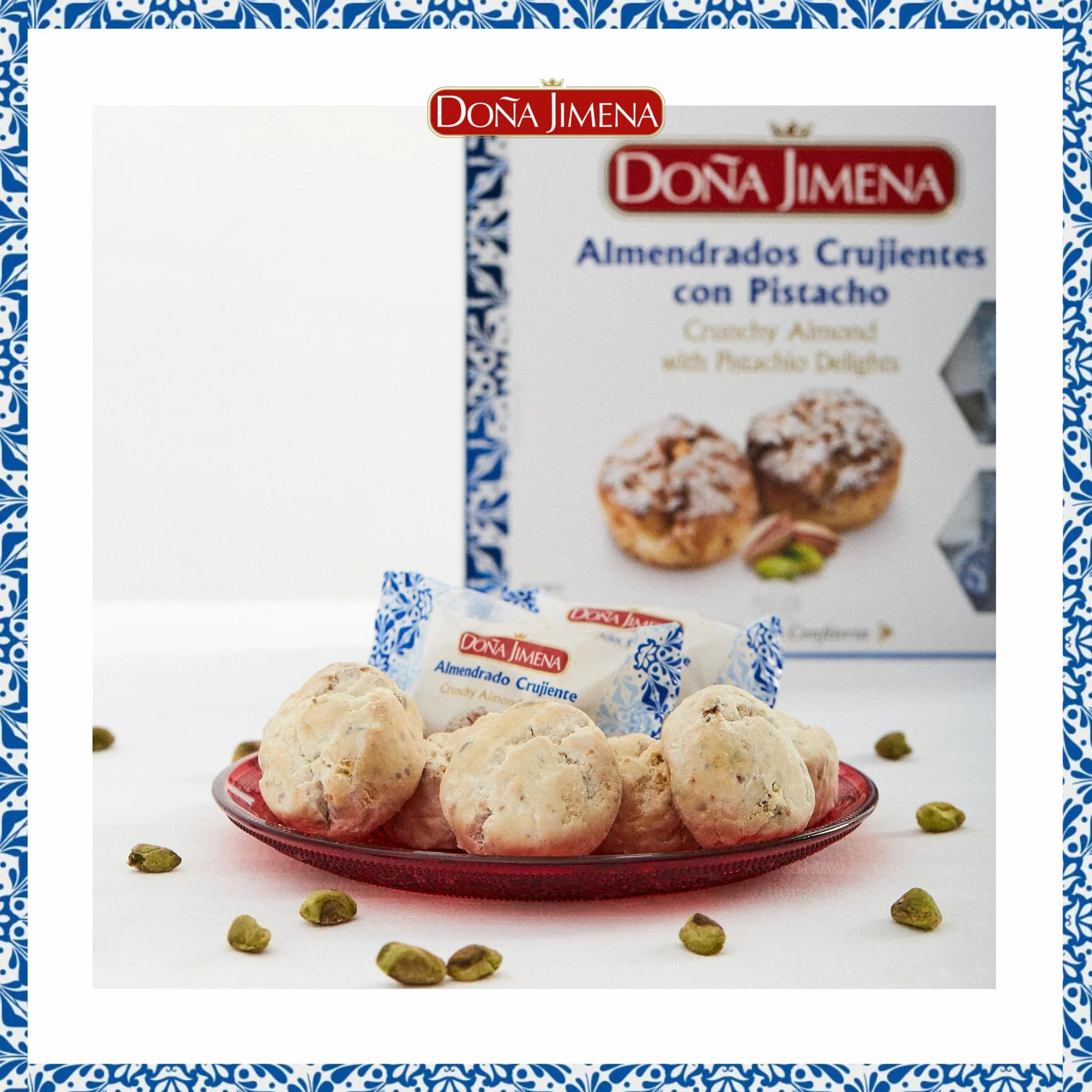 DOÑA JIMENA - Almendrados Crujientes con Pistacho, 200 g, Textura Crujiente con Pistacho y Almendra Tostada, Envasados Individualmente, Dulce Tradicional Español, Calidad Suprema