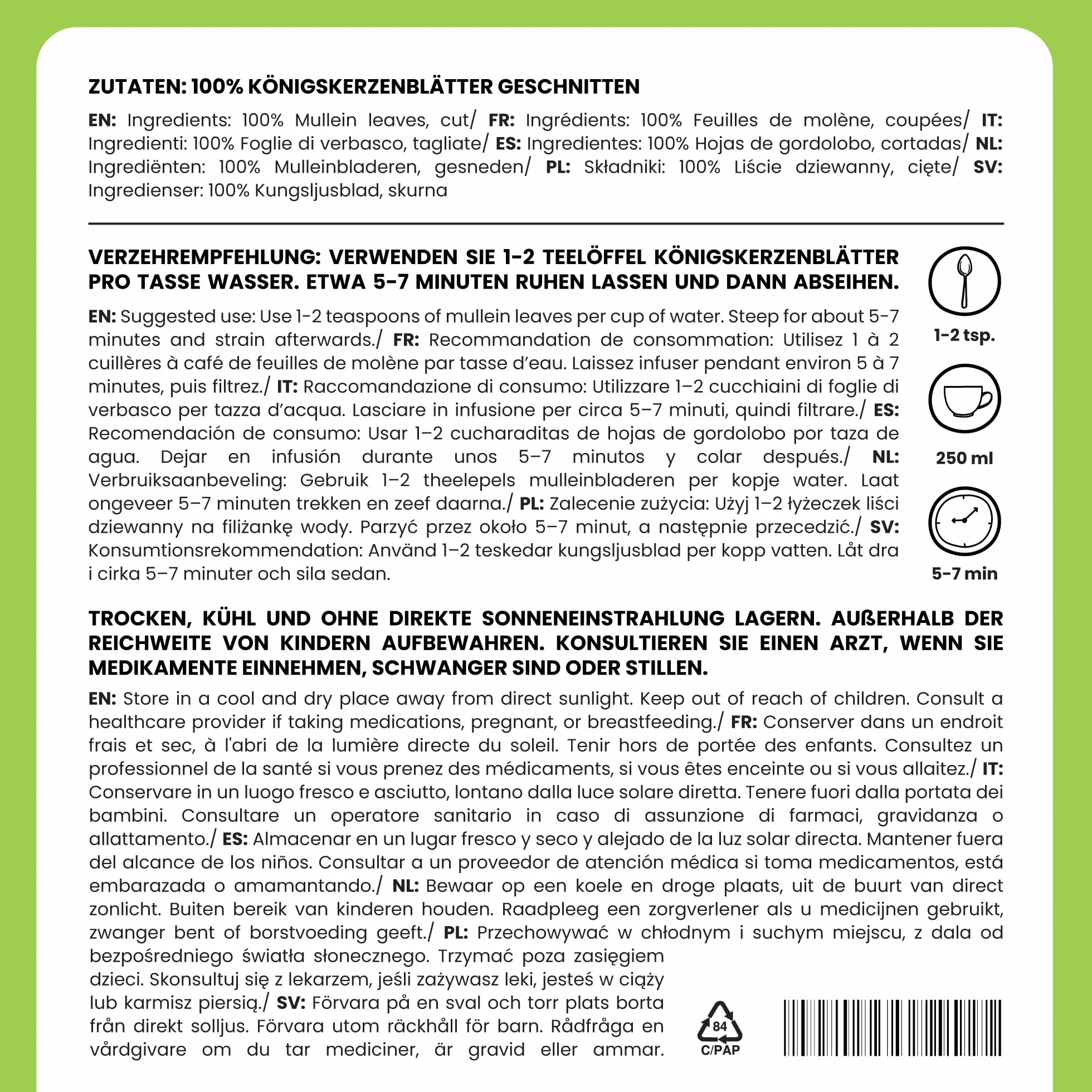 Alpi Nature Té de Gordolobo 250g, Hojas Secas y Cortadas, Té de Hierbas, Gordolobo Infusión