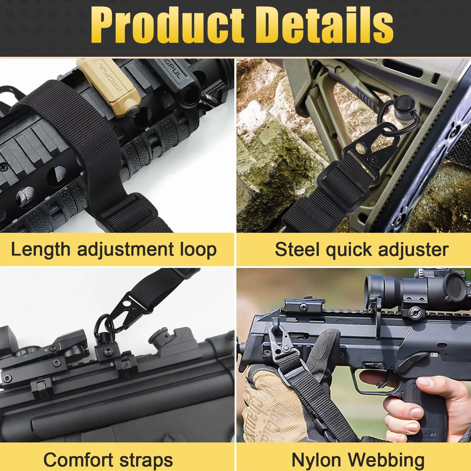 Hejo Correa para Portafusil 2 Puntos Cabestrillo de Rifle con Gancho de Metal Eslinga Táctica Ajustable Airsoft
