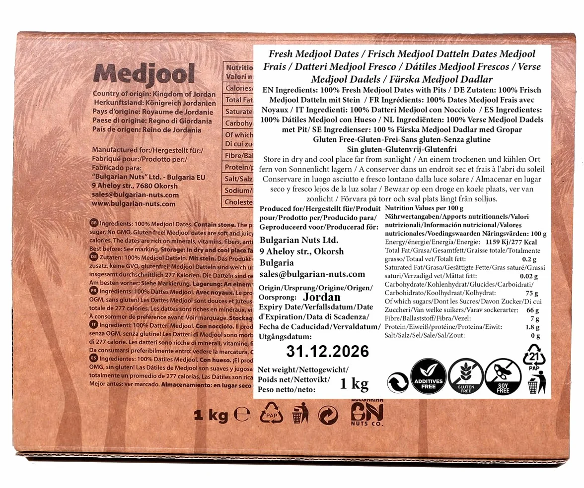 1 kg de Dátiles Medjool Frescos con Hueso, Grandes, naturalmente dulces, sin azúcar añadido, 100% puros y naturales, sin aditivos ni conservantes. Un aperitivo suave, jugoso y energético.