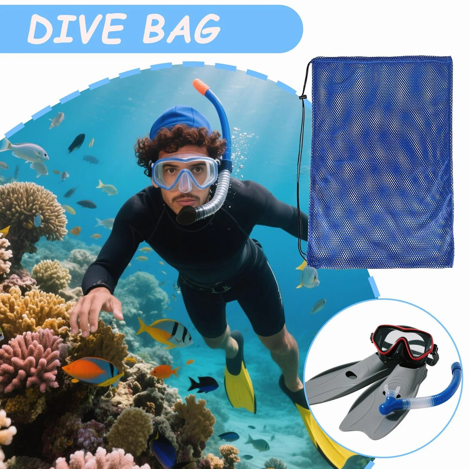 Bolsa Playa Malla 68x48 cm Organizador Extra Grande para Buceo Natación y Almacenamiento de Aletas