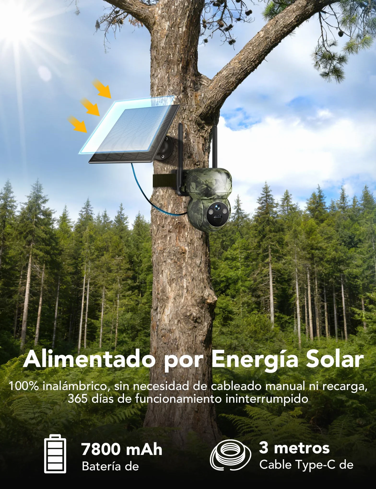 GNCC 4G LTE Camara Fototrampeo de Caza 360°PTZ, 2K Cámara Vigilancia Solar con Tarjeta SIM, Visión Nocturna en Color/Infrarrojos, Audio Bidireccional, IP65 Impermeable, para Caza y Monitoreo Remoto