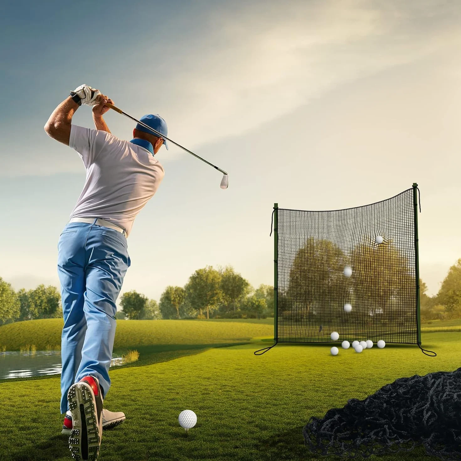 Red de Práctica Golf con Cuerdas de Sujeción, Poliéster Resistente para Entrenamiento Exterior/Interior - Portátil y Antidesgarro Negro