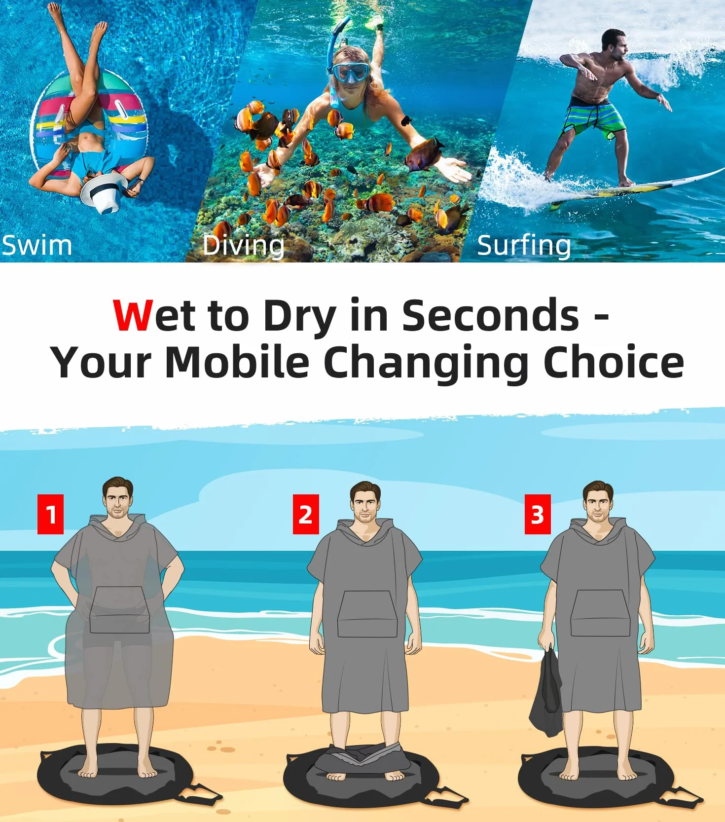 Poncho de Surf Abahub de Microfibra para Hombre y Mujer, Toalla Absorbente y de Secado Rápido