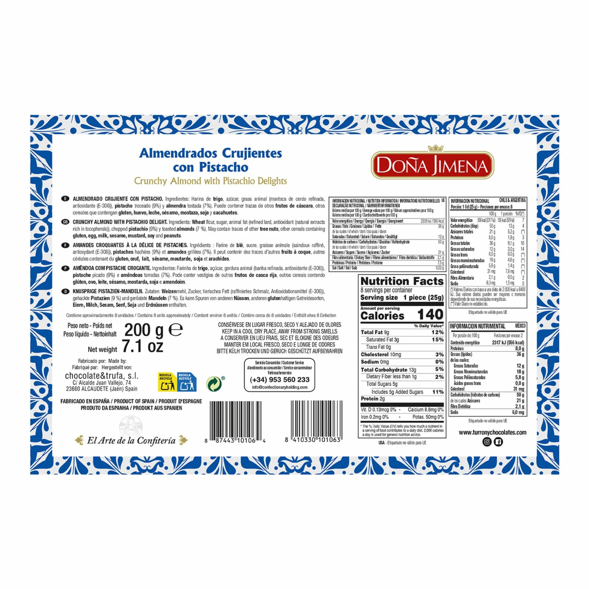 DOÑA JIMENA - Almendrados Crujientes con Pistacho, 200 g, Textura Crujiente con Pistacho y Almendra Tostada, Envasados Individualmente, Dulce Tradicional Español, Calidad Suprema