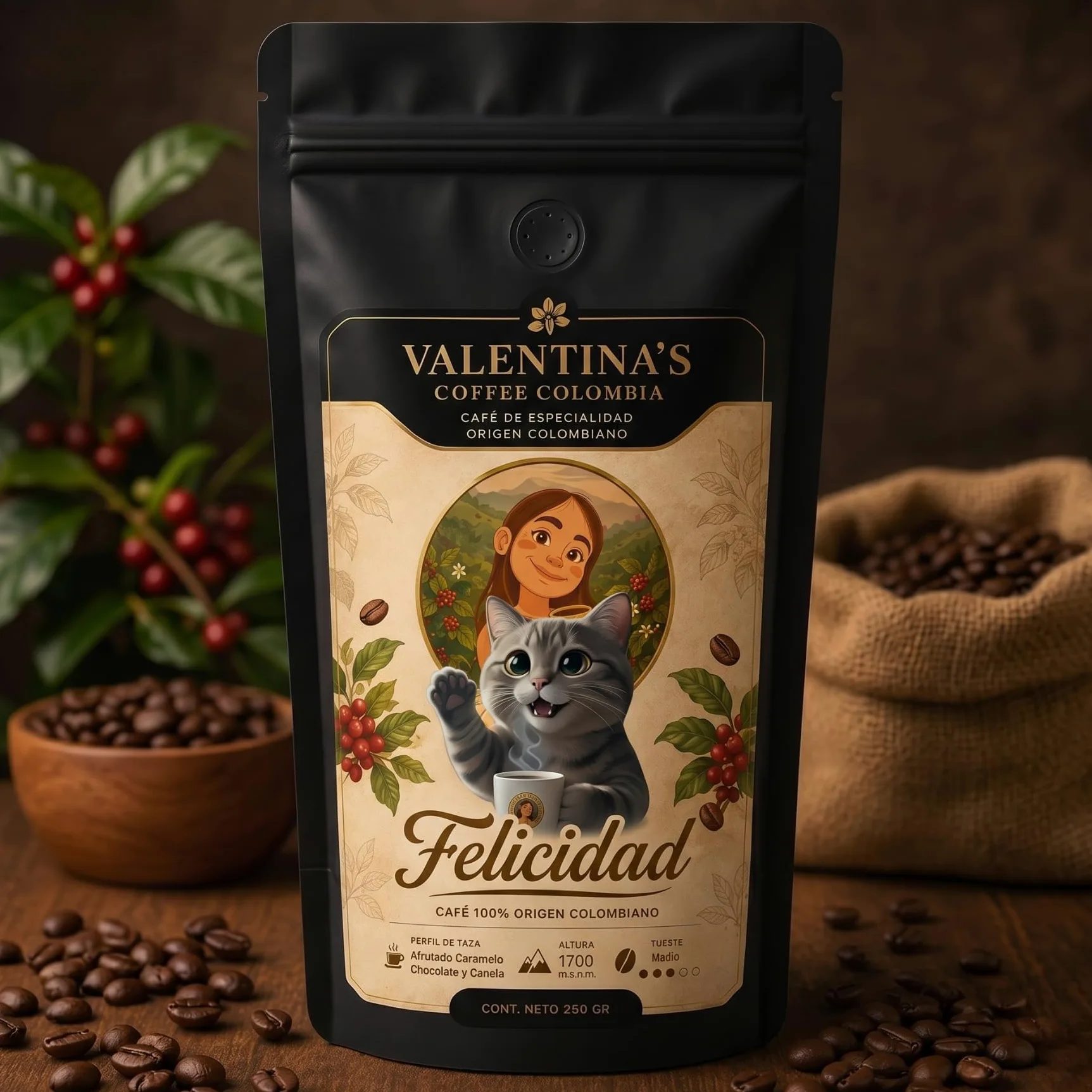 Valentina's Coffee | Felicidad | 1000 gr | En Grano | Sabor Caramelo cacao. canela | Intensidad Media | 100% Café Colombiano de Especialidad
