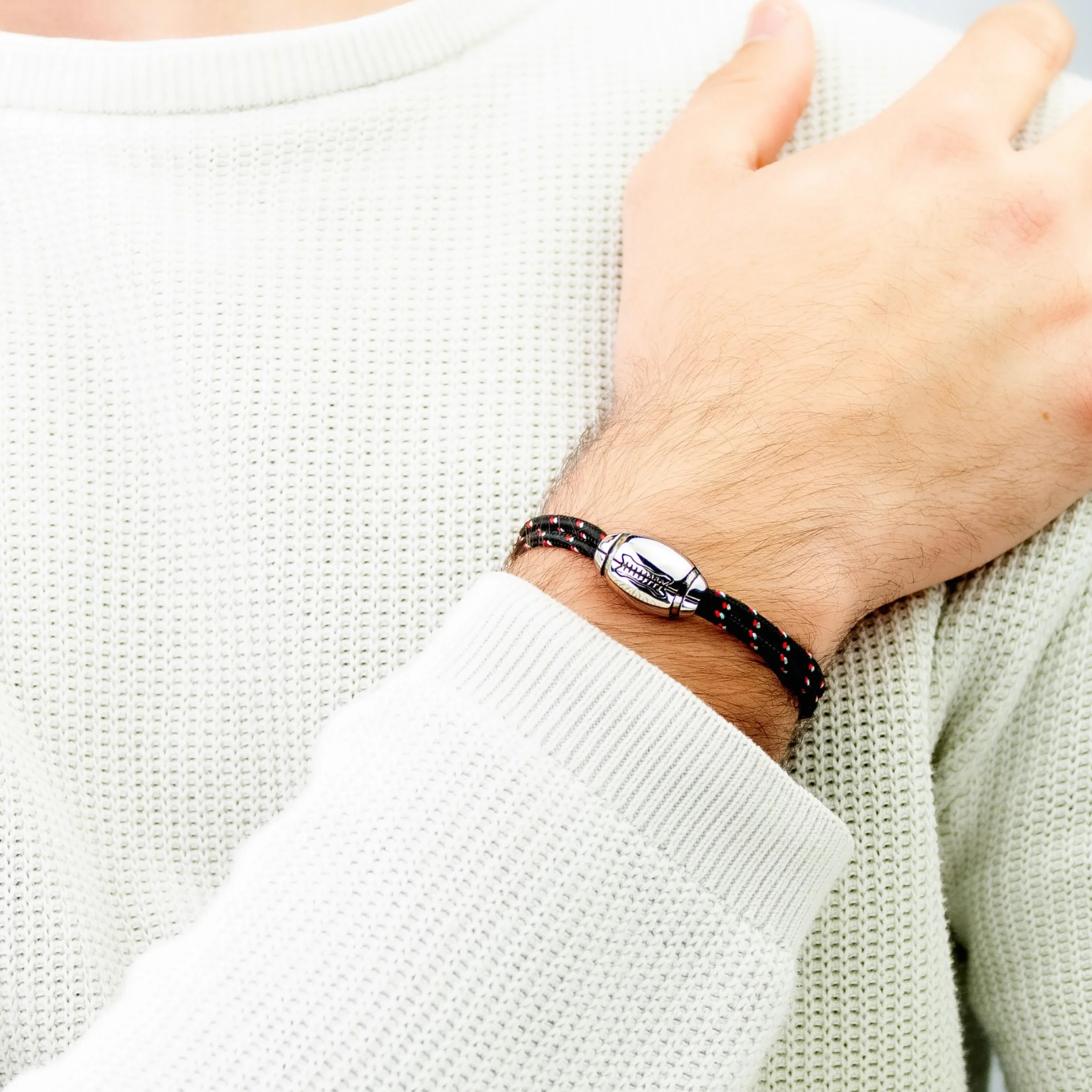 Pulsera de rugby Ernestine Grande Negro Acero inoxidable Nailon