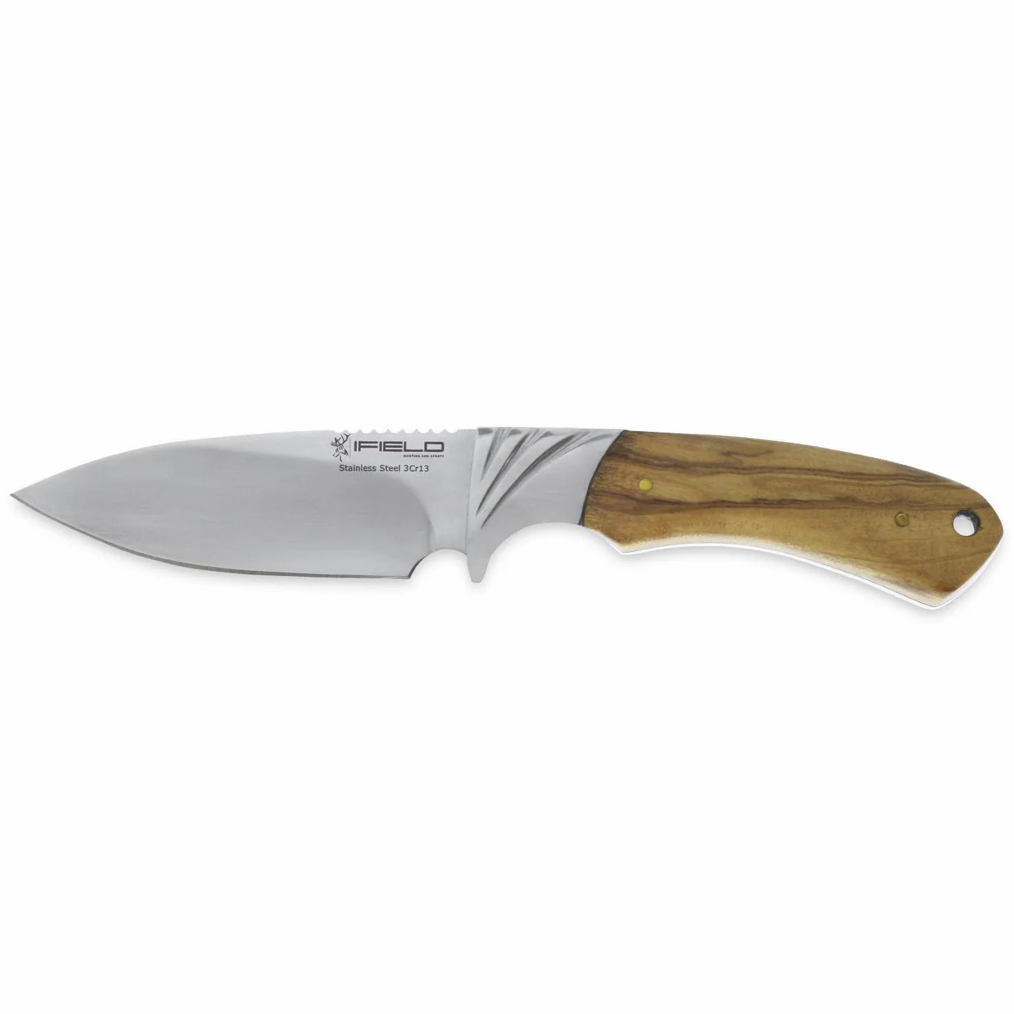 iFIELD Cuchillo de caza Camper EL29018, mango de olivo, hoja 10,8 cm, acero pulido, funda piel