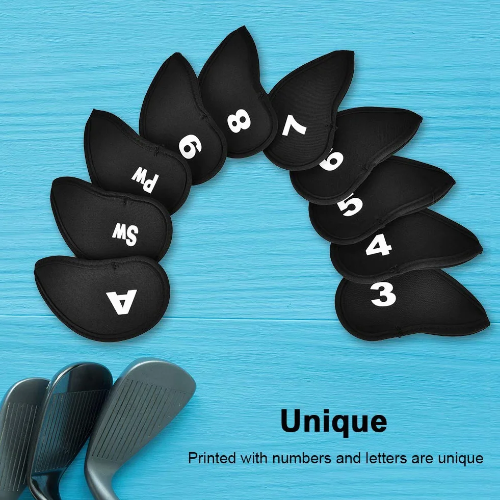 Funda de Protección para Palos de Golf - 10 Cobertores de Neopreno con Números y Letras, Impermeable, Negro