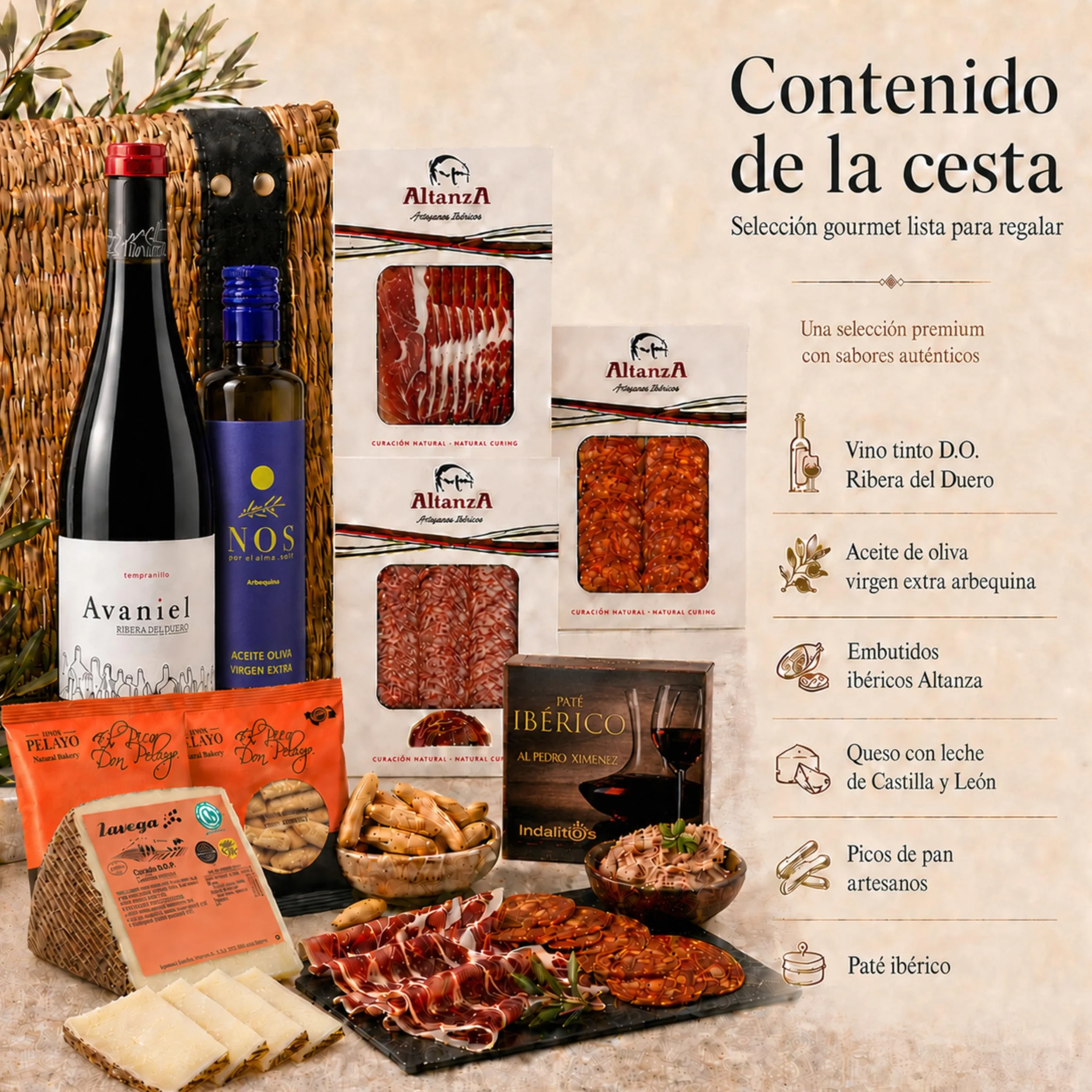 Cesta Gourmet Regalo Vino DO Ribera Aceite Oliva Virgen Extra Embutidos Ibericos Bellota Paleta Ibérica Queso Curado