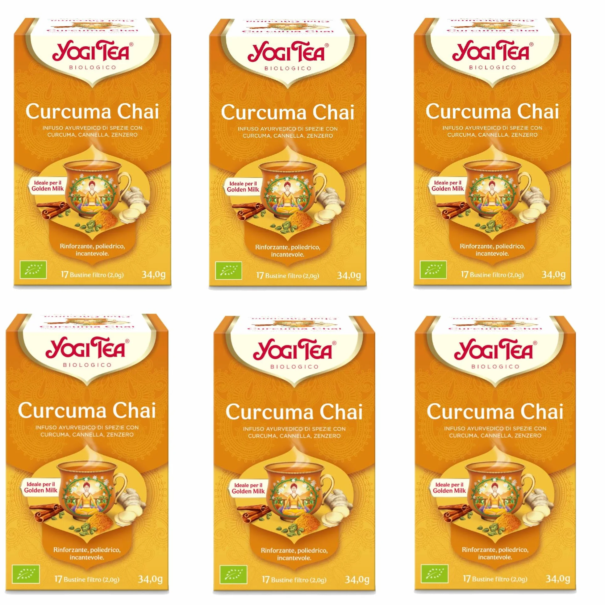 Yogi Tea, Té, Chai Cúrcuma Bio, Infusión Ayurvédica, Mezcla de Cúrcuma, Canela y Jengibre - Pack de 6x17 bolsitas (102 bolsitas en total)