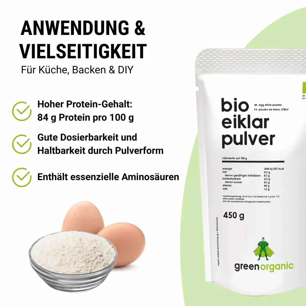 Polvo de clara de huevo orgánico GreenOrganic, 450 g, pasteurizado, secado por pulverización