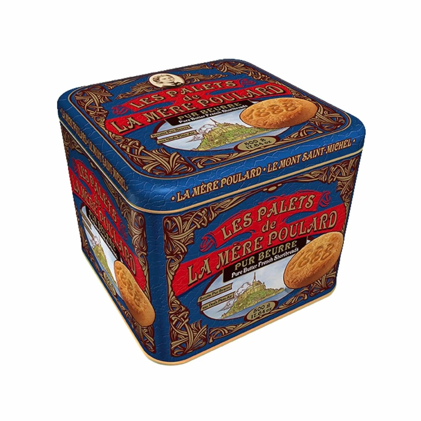La Mère Poulard® | Galletas de mantequilla pura salada | Lata de galletas de mantequilla francesas | Galletas De Mantequilla - 500 Gr | Lata Regalo Decoraciones Azules con Galletas