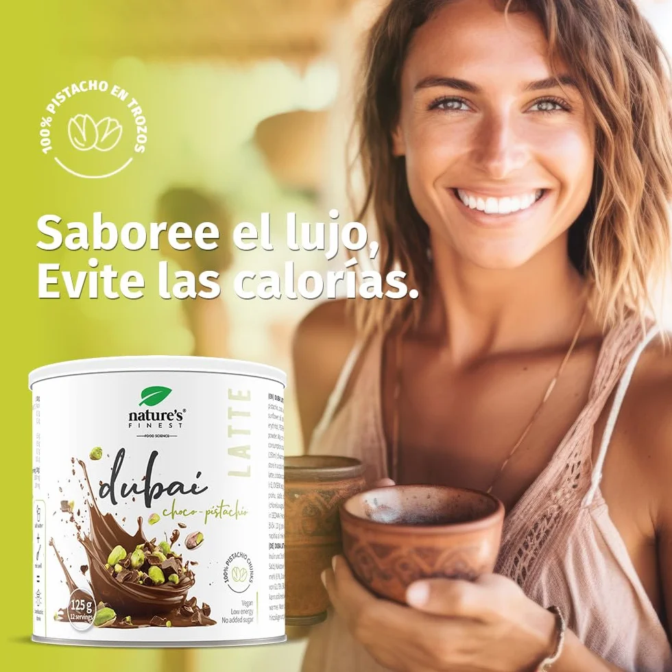 Nature's Finest Dubai Latte Mix con Pistacho, Cacao, Inulina y Clorella, 125 g - Bebida Vegana sin Azúcar Añadido - Apoyo Digestivo y Detox Natural - Bajo en Calorías, Apto para Dietas Keto y Low Carb