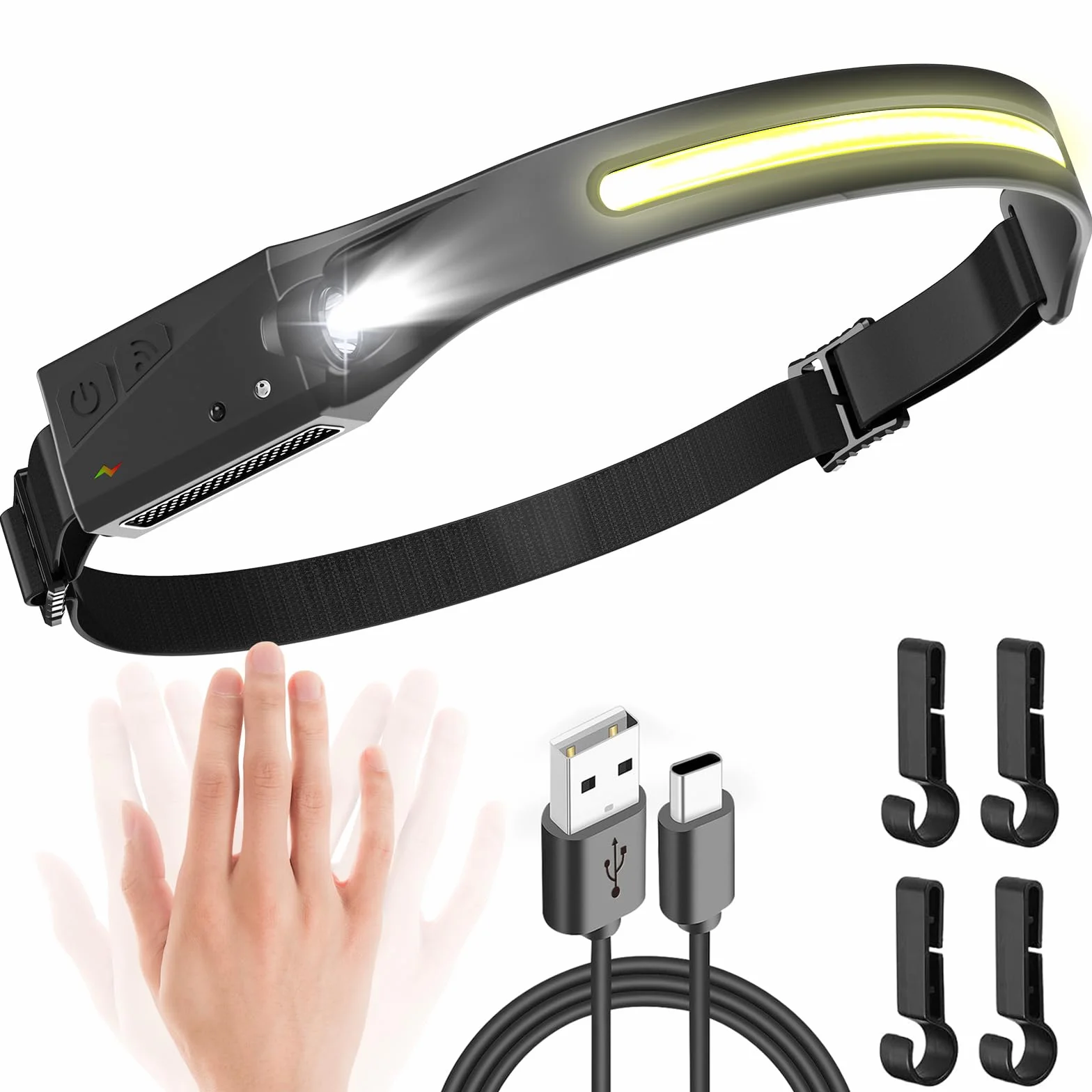 UNBON Linterna Frontal LED Recargable USB C, IPX4 Impermeable, Haz 230°, 5 Modos Luz