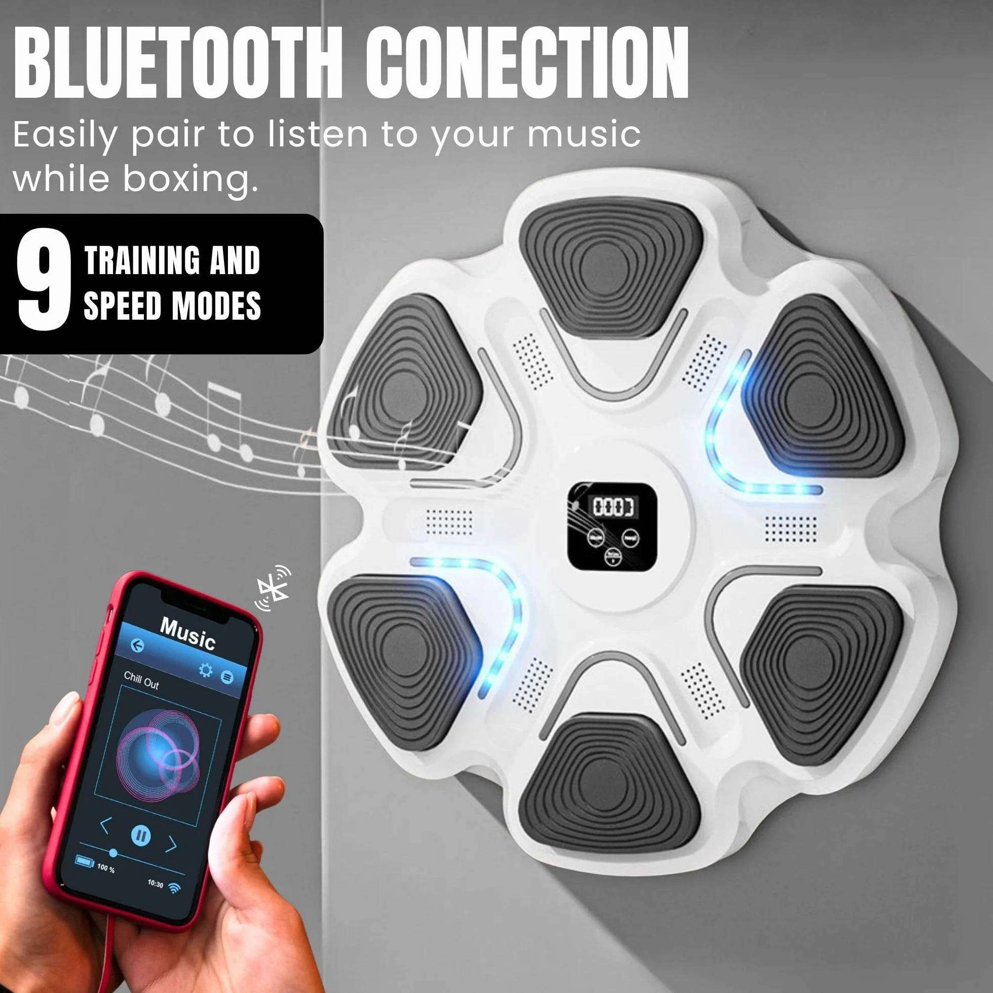 Máquina de Entrenamiento de Boxeo Musical con LED, Bluetooth, 9 Modos, 37x37 cm