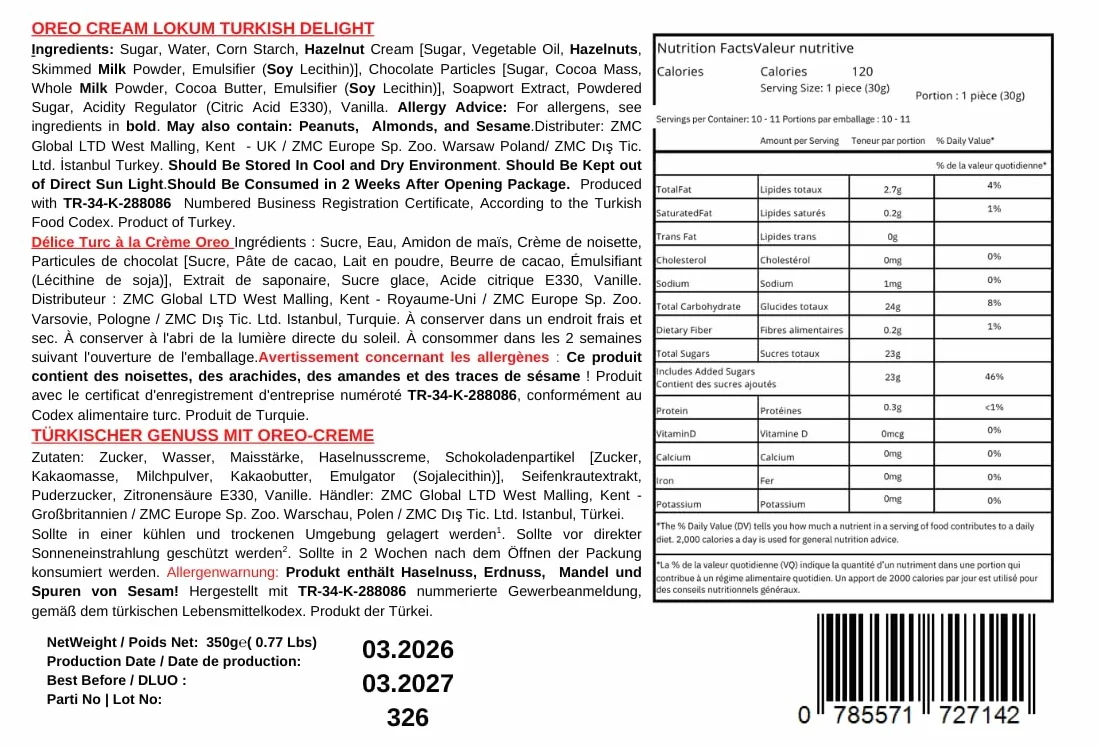 Mughe Gourmet Lokum Delicia Turca de Crema de Galleta Sándwich de Cacao – Lata de Regalo de 350 g