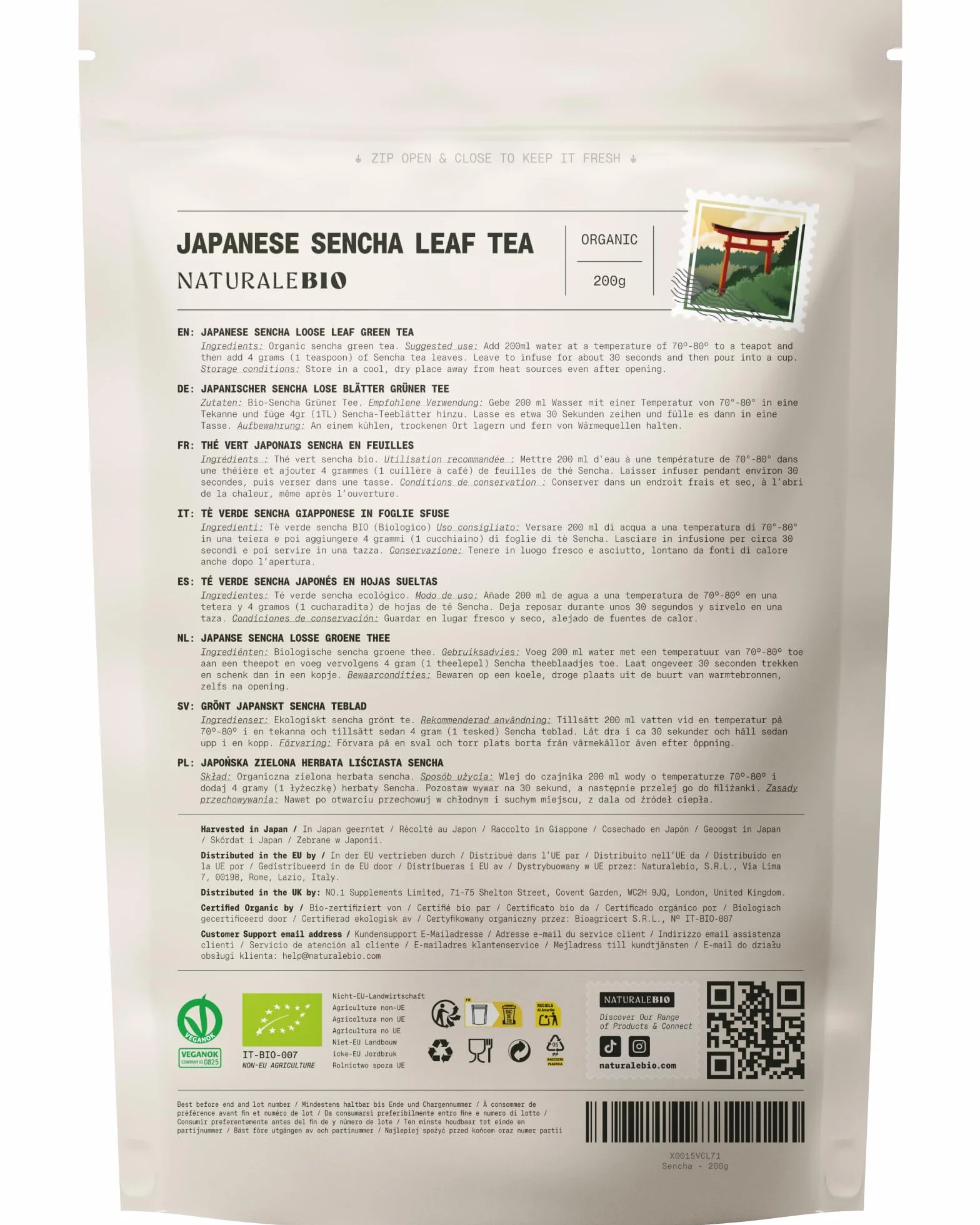 NaturaleBio Té Verde Sencha Japonés Orgánico - Upper Grade - de 200g. Bio, Natural y Puro, Té Verde en Hojas de la Primera Cosecha, cultivado en Japón. Organic Japanese Sencha Green Tea.