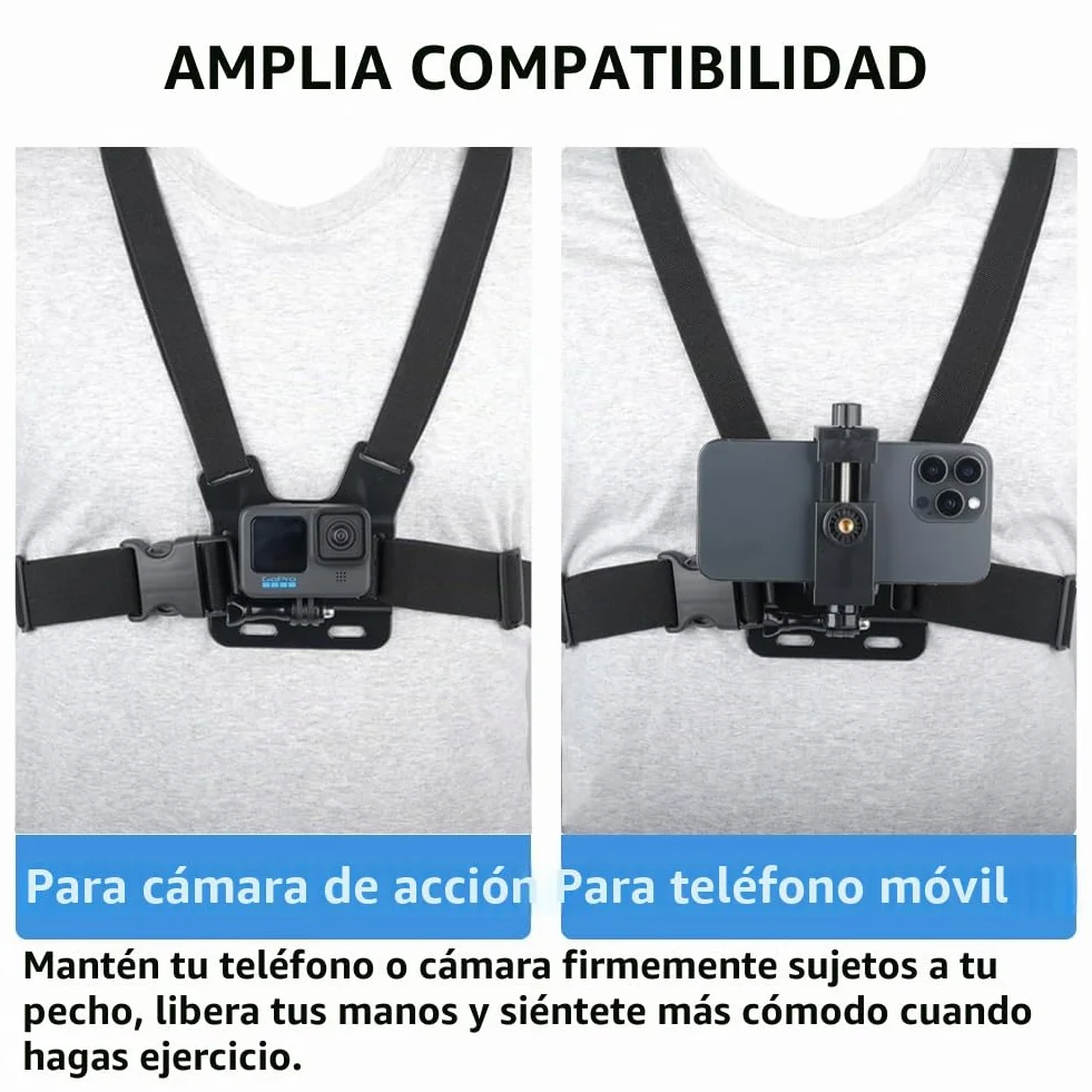 Arnés de Pecho Ajustable para GoPro y Teléfonos Móviles con Trípode Portátil