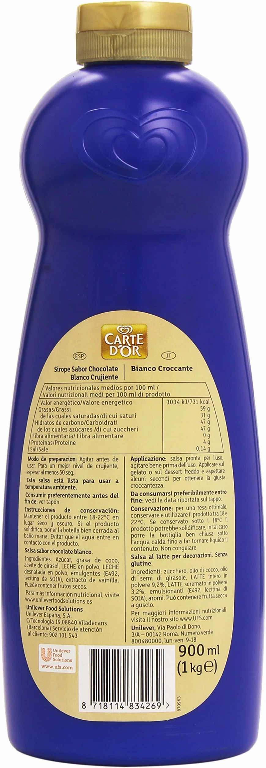 Carte D'Or - Crunchy Topping - Sirope sabor chocolate blanco crujiente - 900 ml