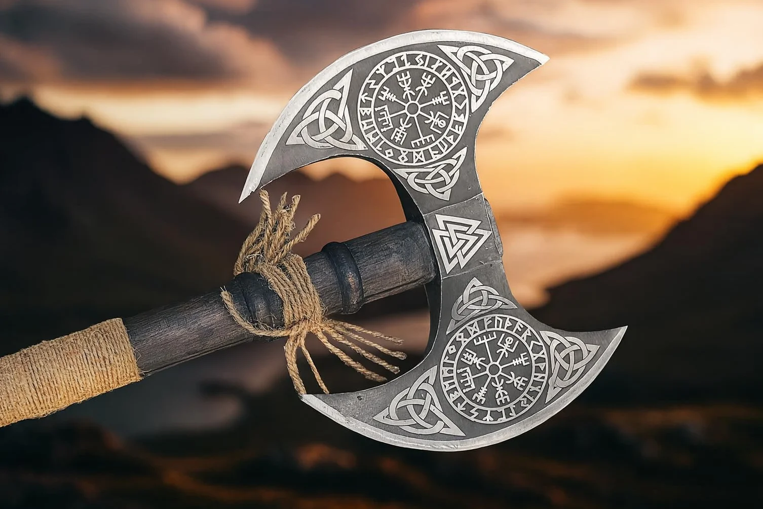 NovaHaven Hacha vikinga de doble cabeza forjada a mano acero al carbono mango madera fresno envoltura cuero vaina cuero