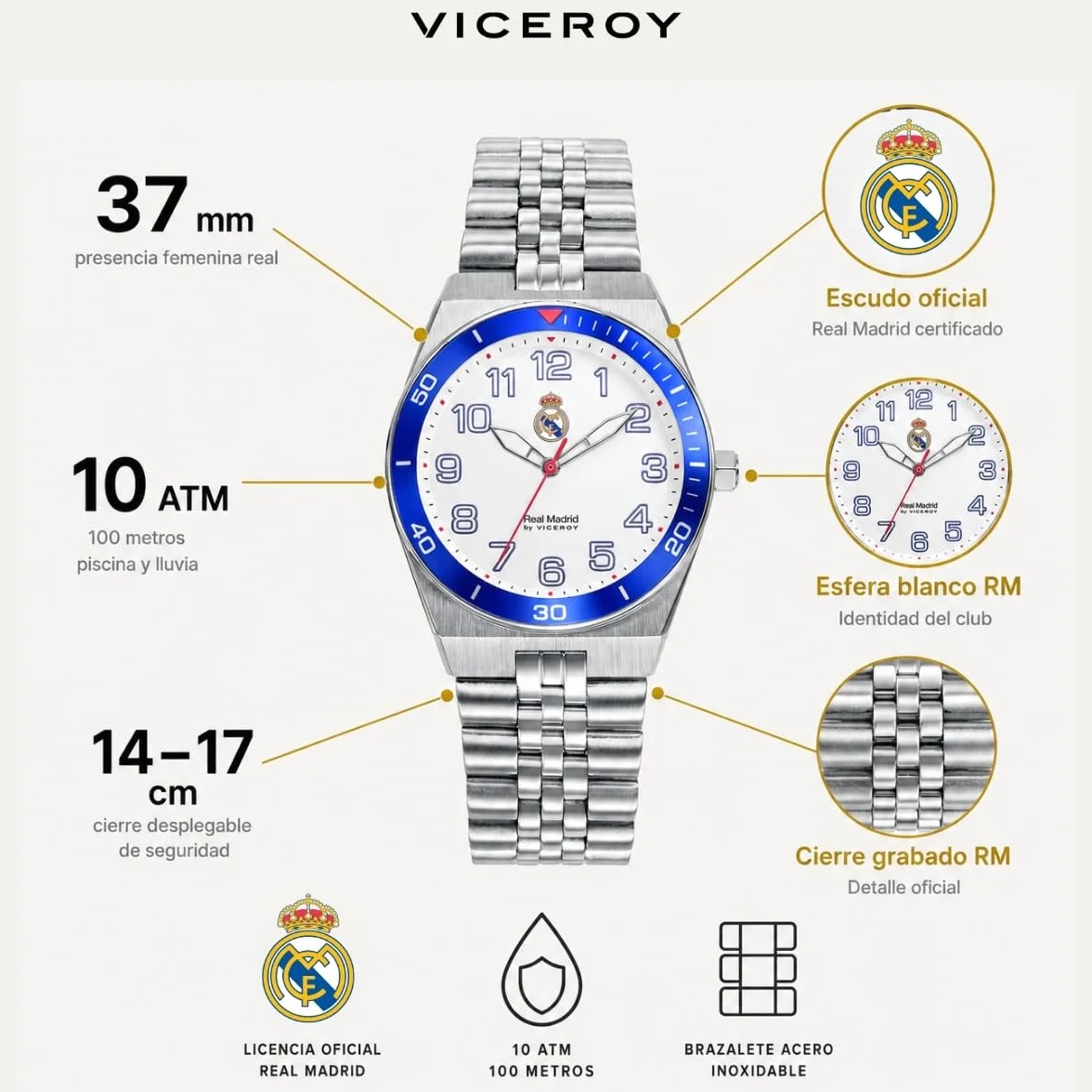 Viceroy Reloj Oficial Real Madrid Mujer 37 mm Esfera Blanca Resistente al Agua 10 ATM Movimiento Cuarzo