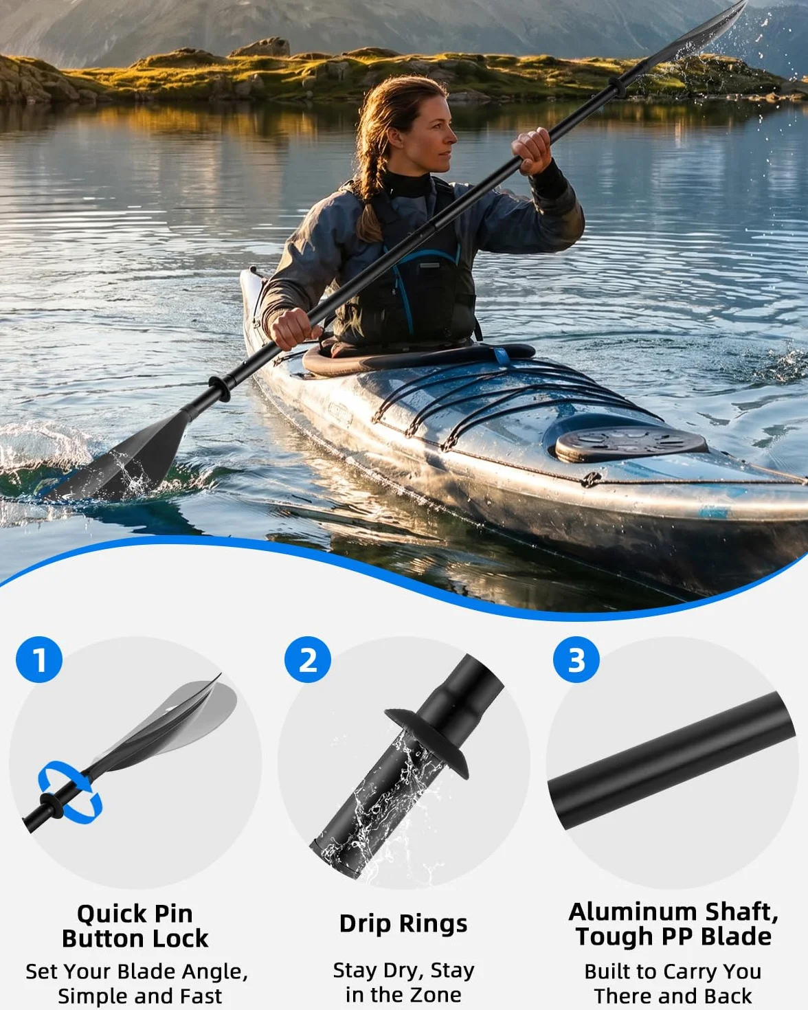 Abahub Remo Kayak 230 cm 4 Piezas Desmontables Remo Doble de Aluminio Compacto Ligero Flotante