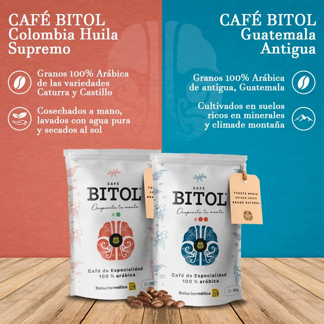 BITOL COFFEE | Café de Especialidad en Grano Natural | 100% Arábica Origen Único Colombia Huila Supremo y Guatemala Antigua | Tueste Medio Gourmet | Notas de Chocolate y Frutos Secos | 1000 gr