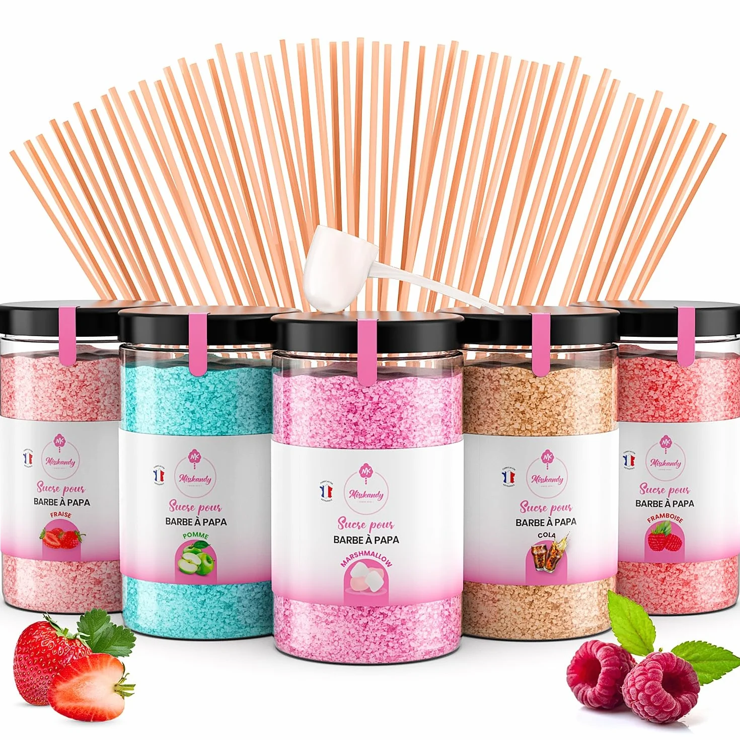 Algodón de azúcar Misskandy para máquina 1,5kg sabores fresa, manzana, malvavisco, cola, frambuesa + 50 barritas 30cm