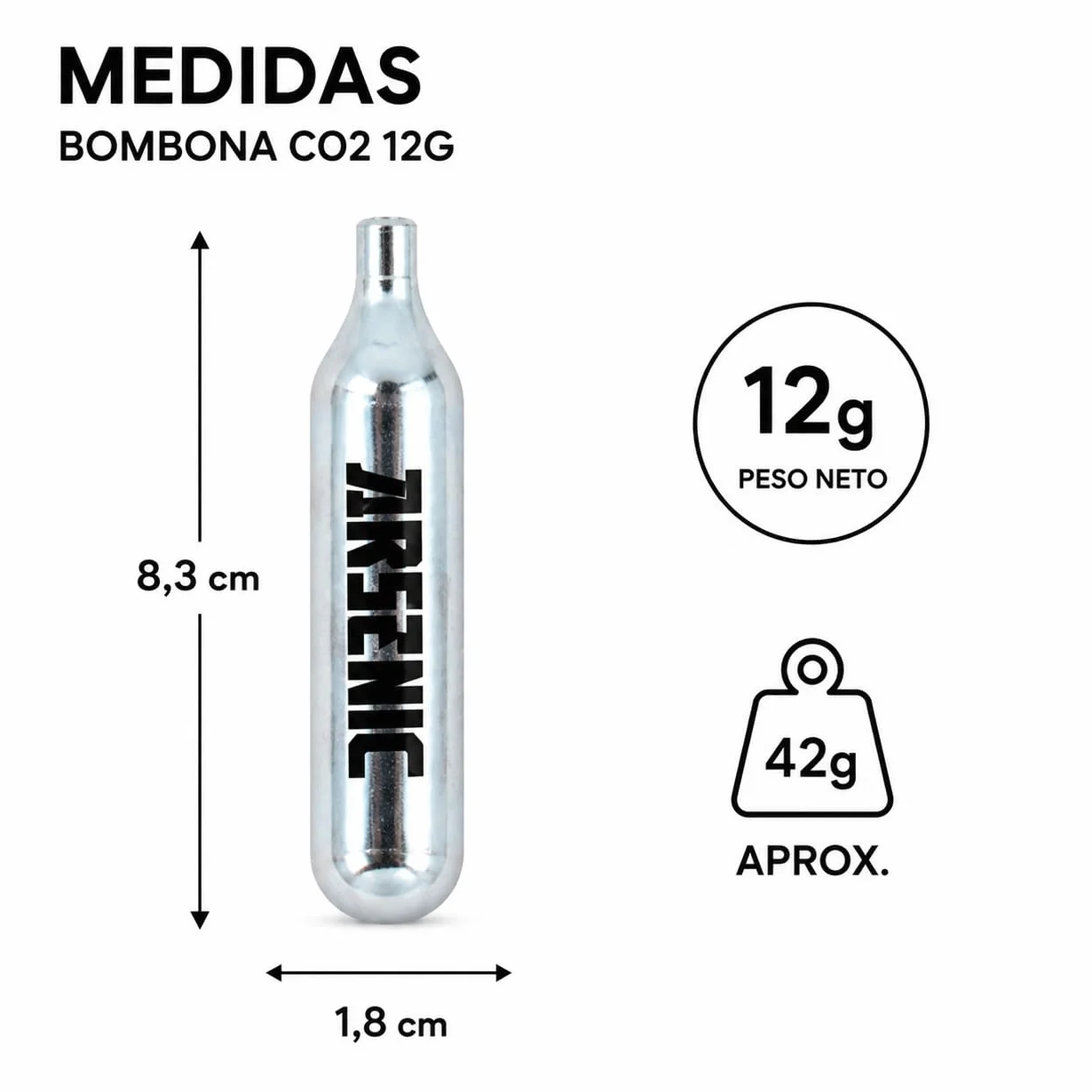 Bombonas CO2 12g Arsenic Plata para Airsoft y Pistolas de Balines, Cartuchos Gas Presurizado