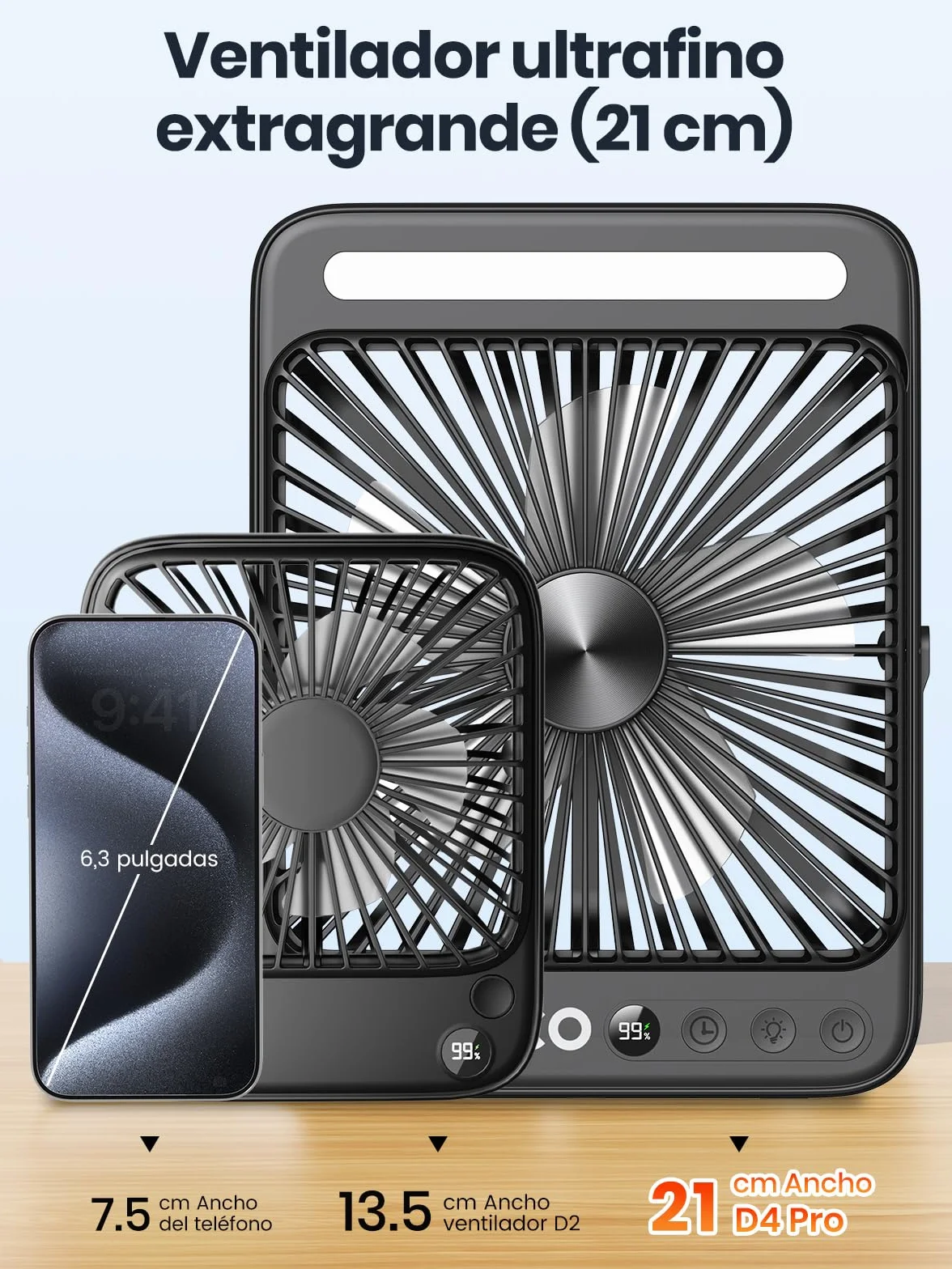 Ventilador Camping 20000mAh 27cm Recargable con Luz Carga Rápida 22,5W Autonomía 48H