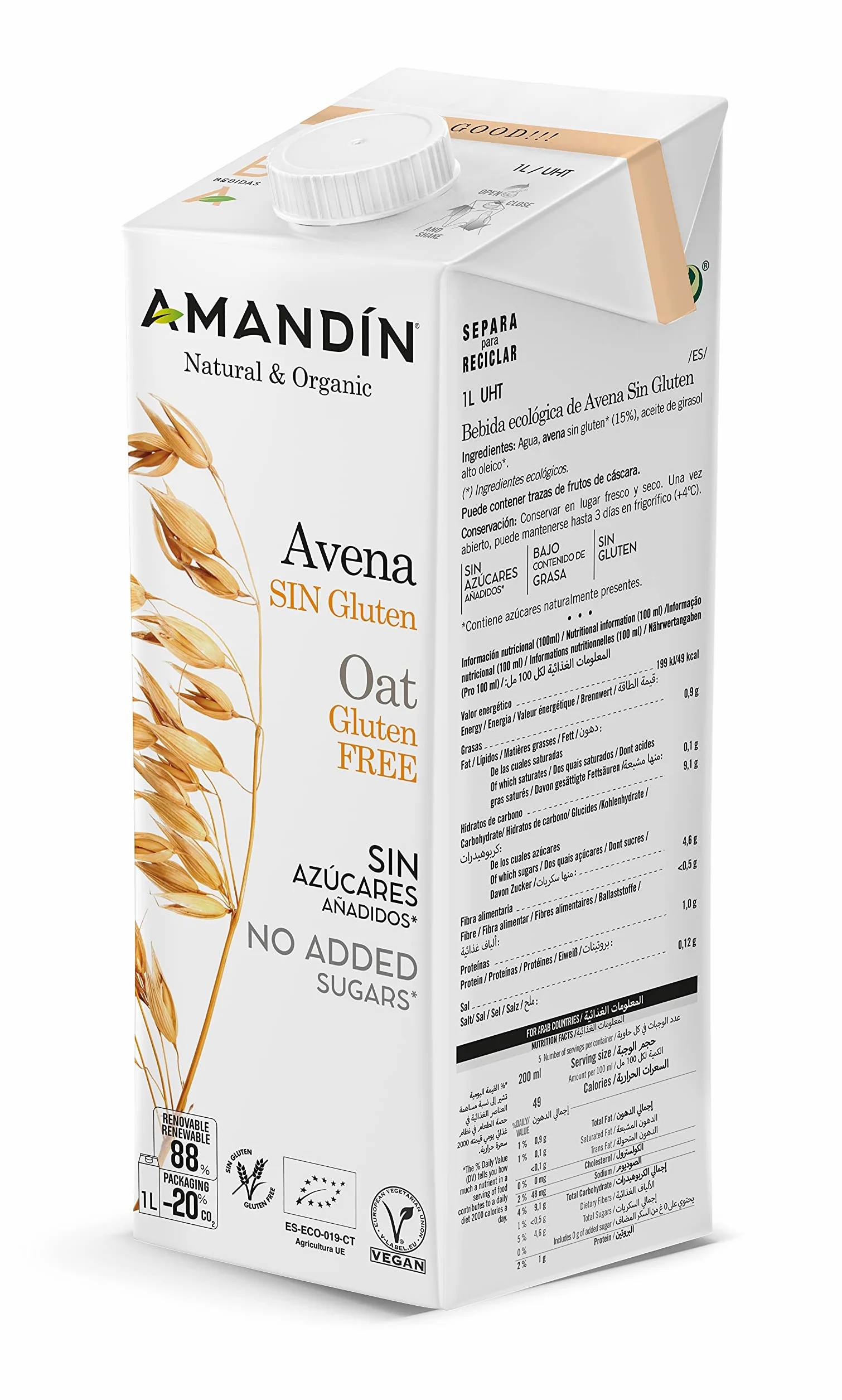 Amandin Bebida Ecológica De Avena Sin Gluten 1 L