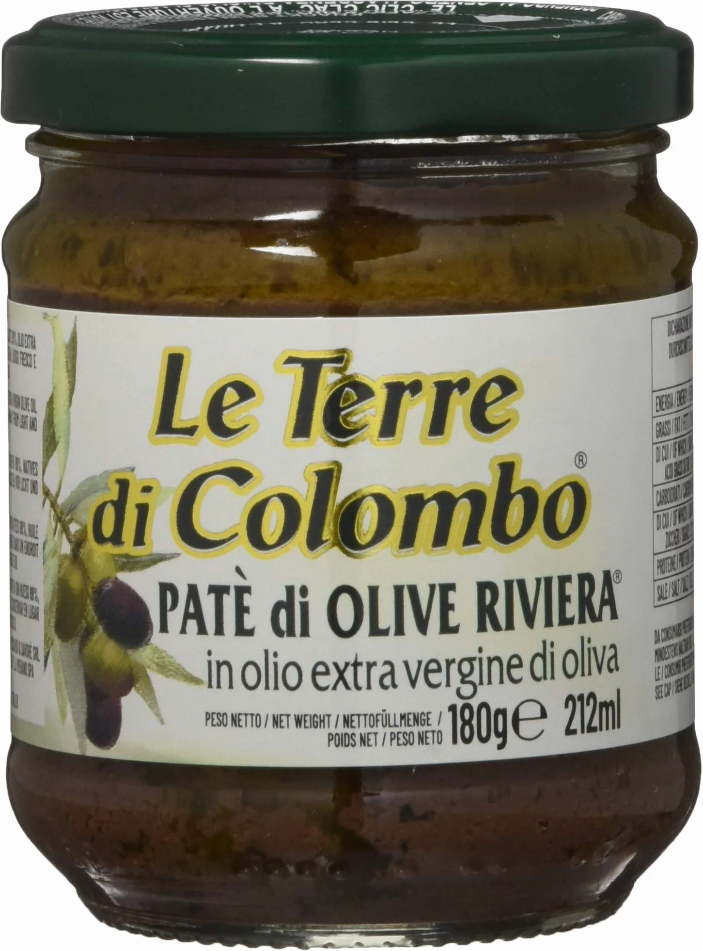 Le Terre di Colombo Pasta de Aceitunas, Riviera en Aceite de Oliva Virgen Extra 10 %, Tarros de 212 Ml Lote de 6