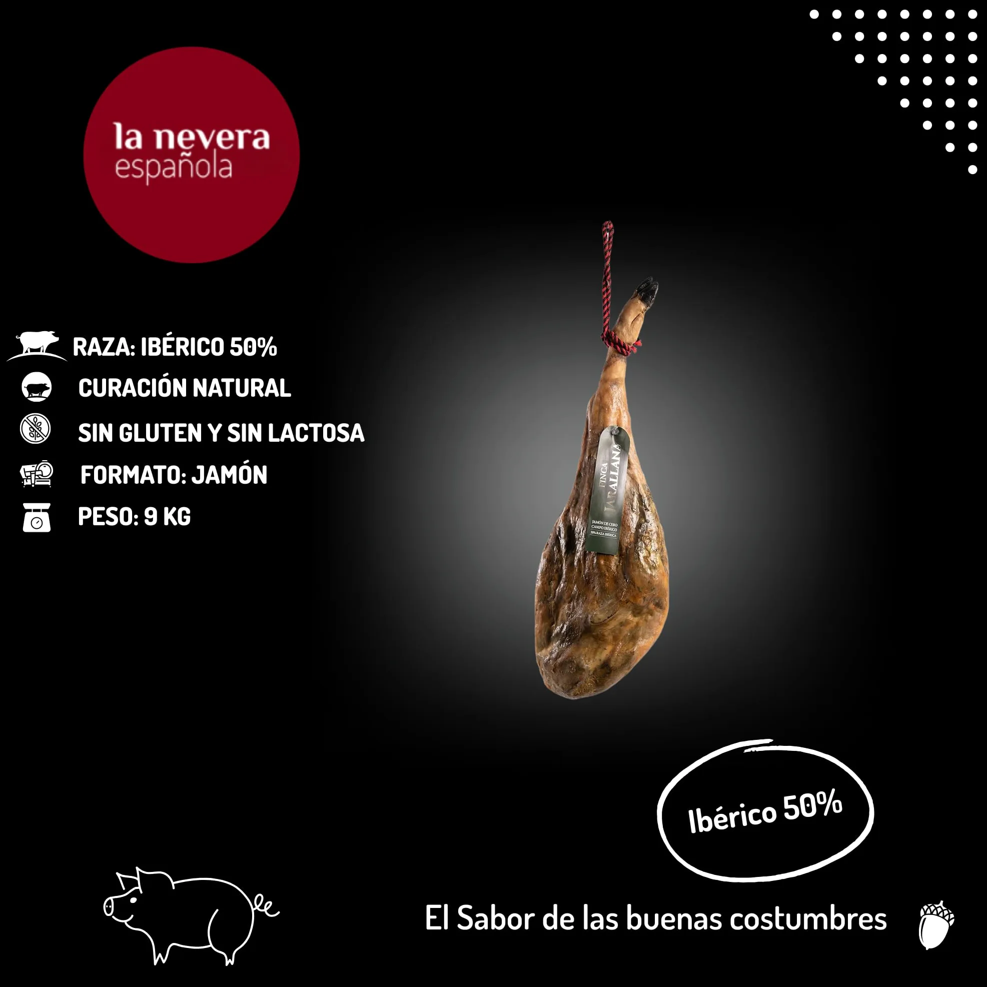Finca Jarallana - Jamón de Cebo Campo 50% Ibérico - Pieza de 9 kg con Secado Natural y Curación +36 meses - Cerdos de Raza Ibérica