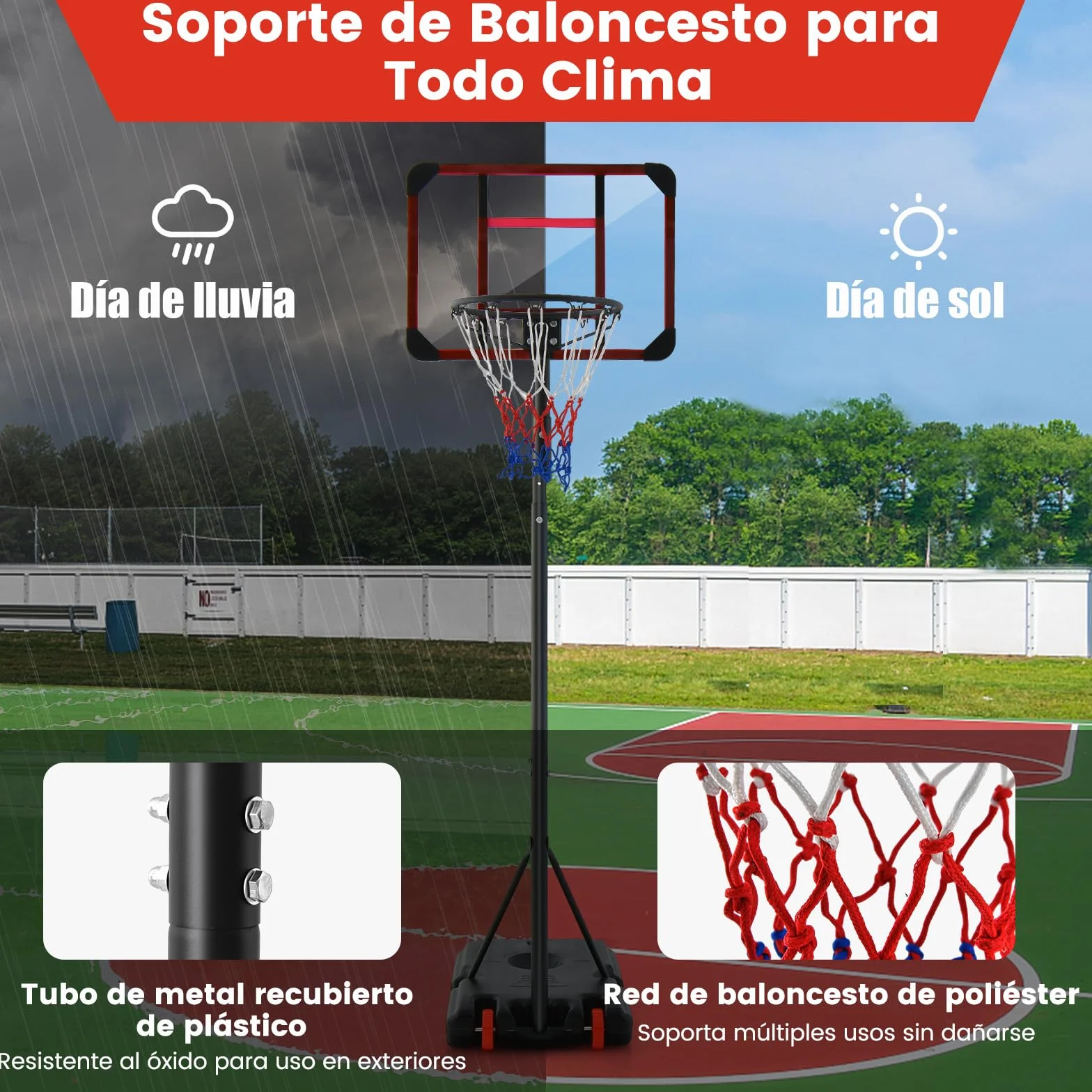 COSTWAY Canasta de Baloncesto Altura Ajustable 193-248 cm Rellenable de Arena y Agua Móvil con Ruedas Portátil PC Interior Exterior