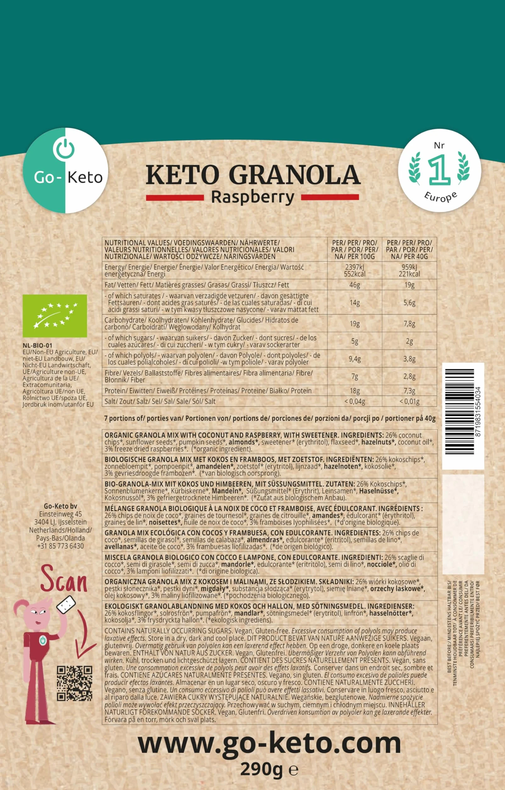 Go-Keto BIO Keto Granola Raspberry 6x 290g - Low Carb Keto Muesli para un delicioso desayuno keto, con chips de coco, nueces, frutas, semillas de girasol y de calabaza, vegan, sin gluten, sin lactosa