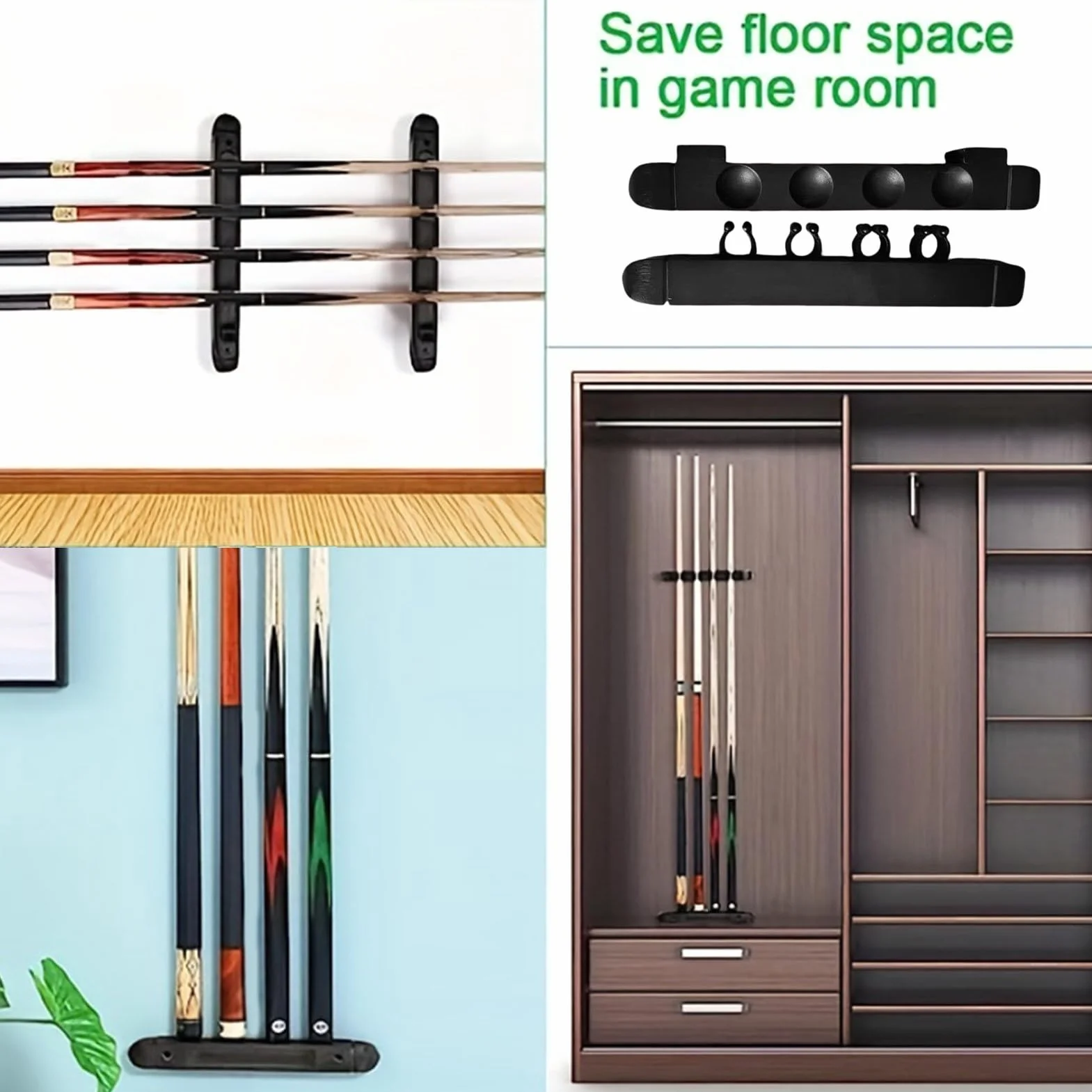 Soporte de pared para tacos de billar de madera dura con 4 clips