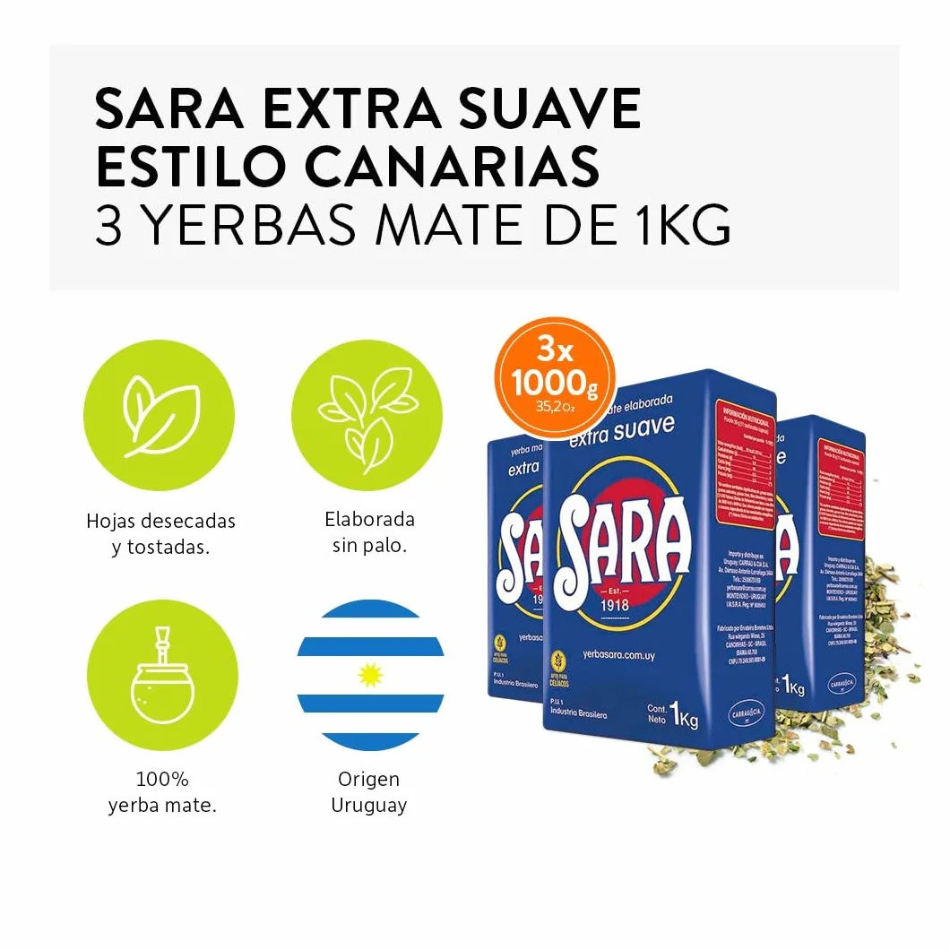 Qumir - Pack de Yerba Mate Sara Azul 1Kg - 3 Unidades - Total 3 Kg de Yerba Mate - Típico Sabor y Molienda Estilo Uruguayo