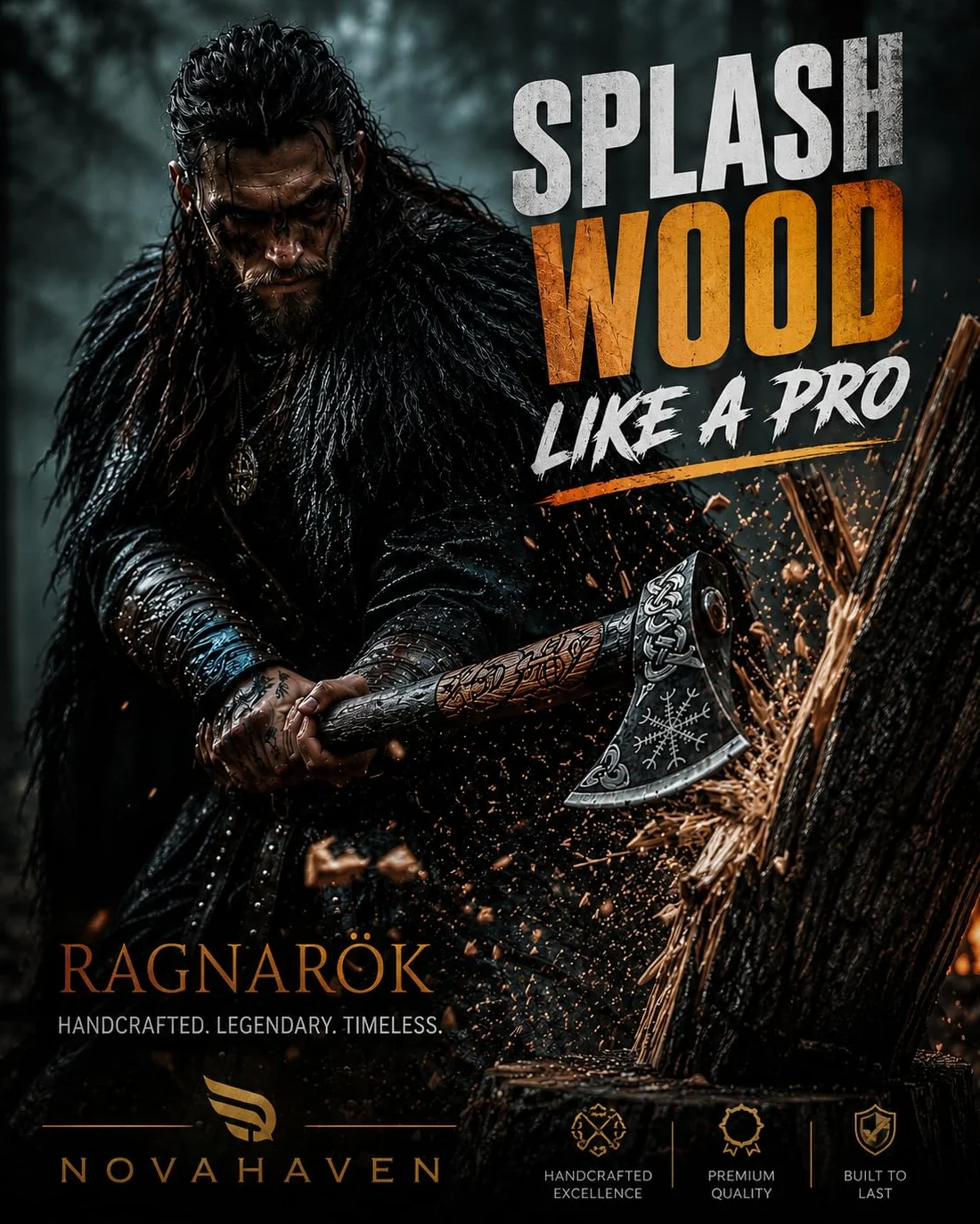 Novahaven Ragnarök Hacha forjada a mano 22 pulgadas acero al carbono mango madera de fresno tallada diseño lobo dragón funda de piel