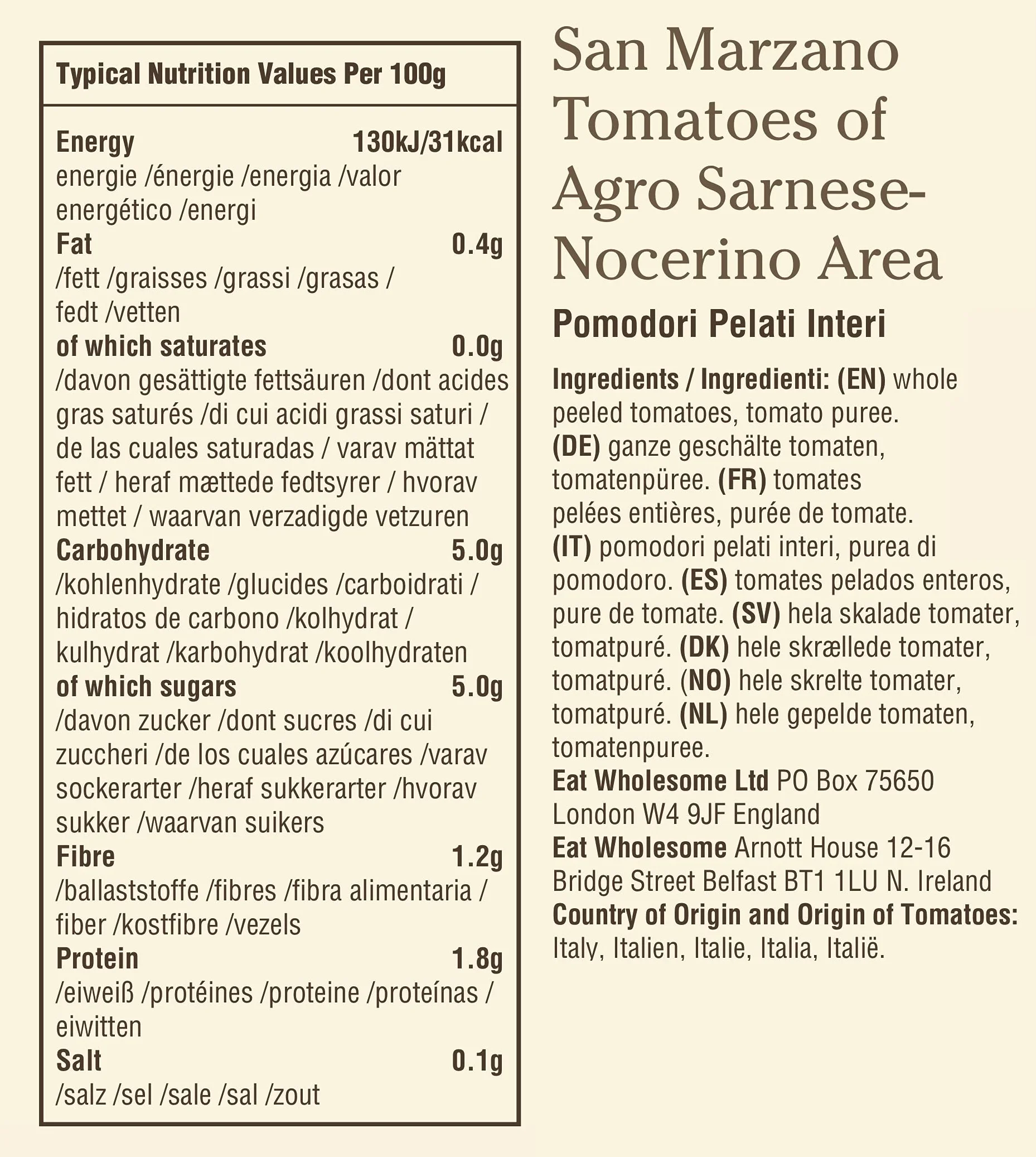 Eat Wholesome Tomates San Marzano DOP, 400g (Paquete De 12) - Naturalmente Dulces, Perfectos Para Salsas De Pasta, Salsas De Pizza Y Más, Veganos, Revestimiento Sin BPA