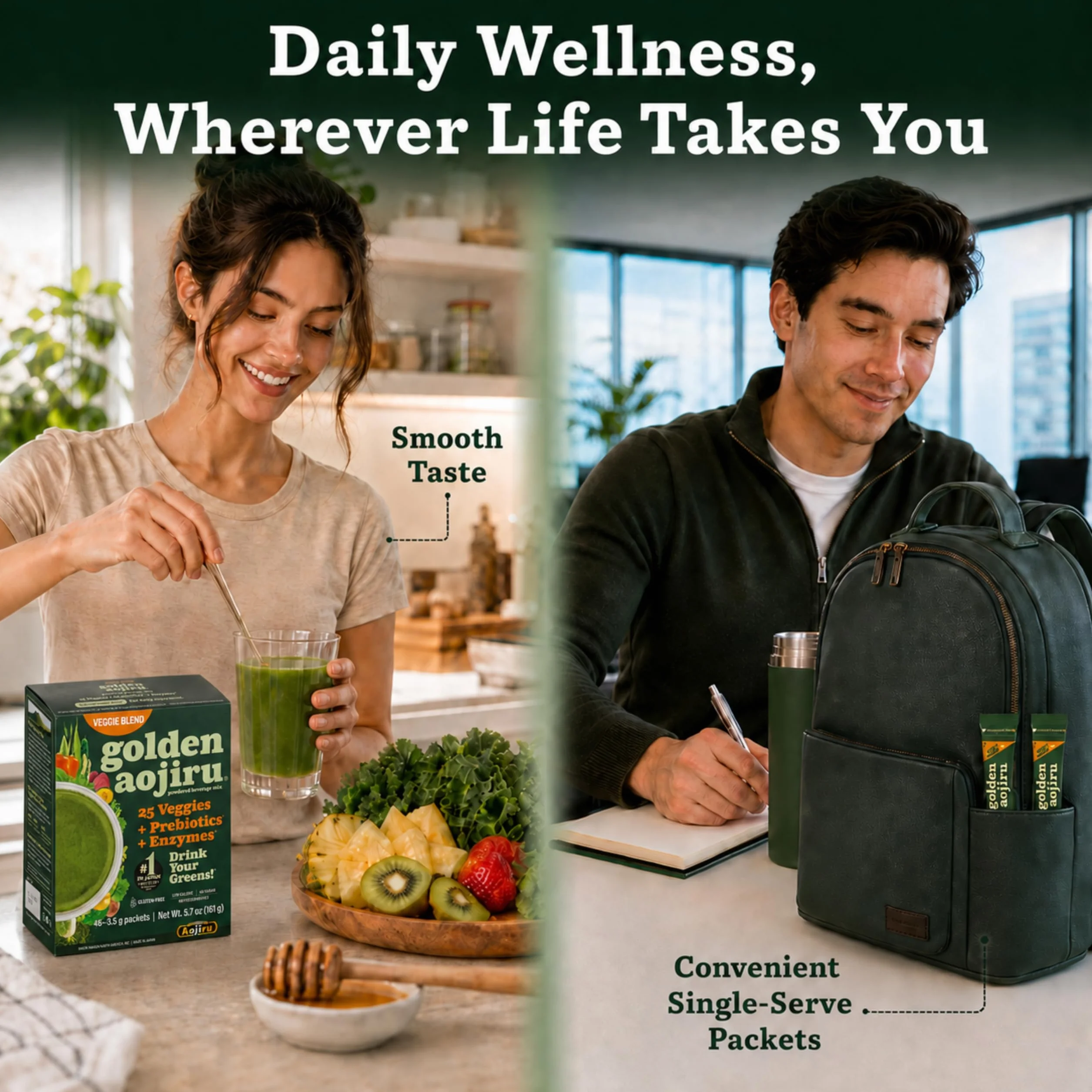 Golden Aojiru Veggie Blend - Greens Powder with 25 Superfood Vegetables, Gluten-Free, Low Calorie, No Sugar, 46 Packets - Made in Japan