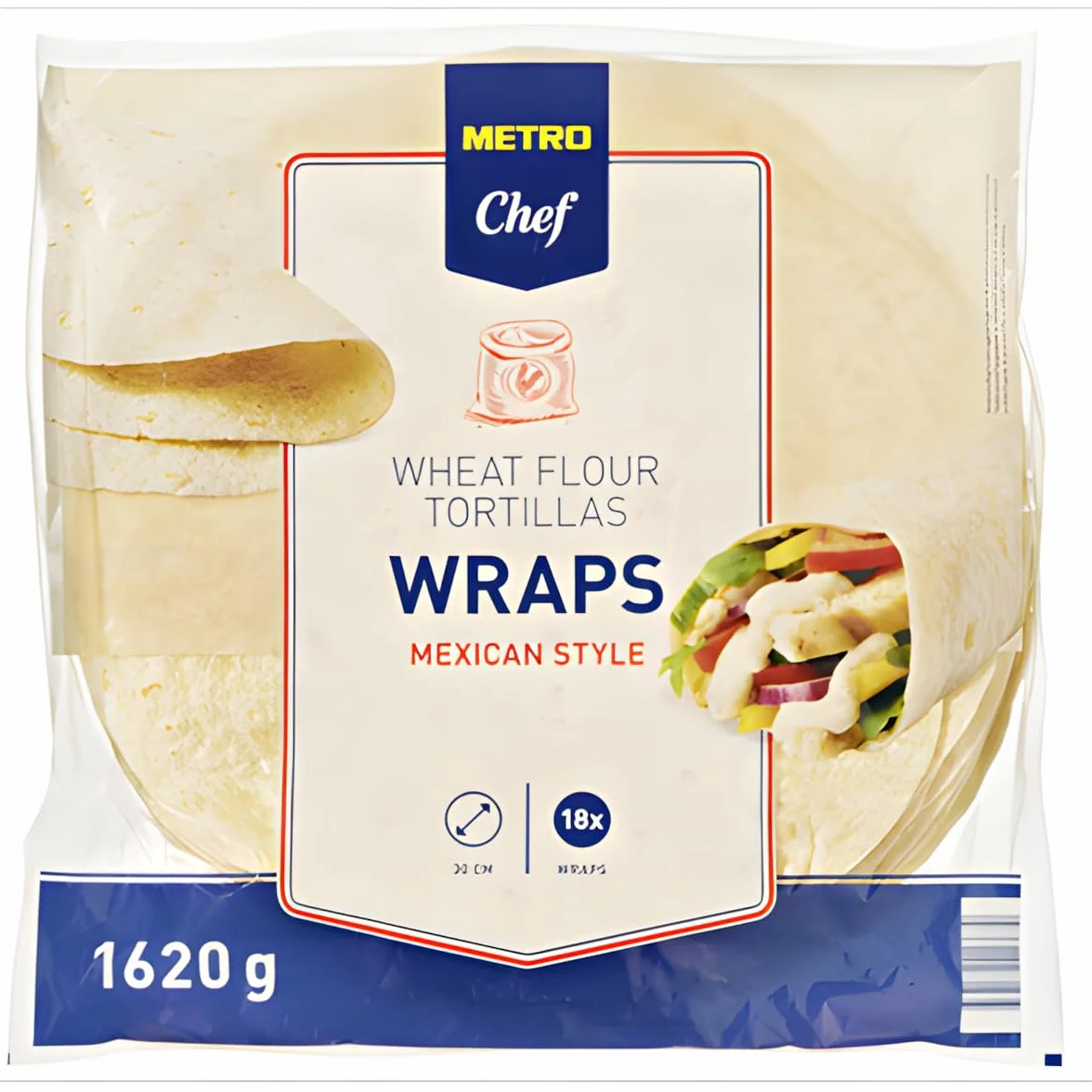 METRO Chef Tortilla Wraps Mexicanos Chef – Tortillas de Trigo 30cm, Suaves y Flexibles, Ideales para Burritos, Fajitas y wraps -| (6 PAQUETES, Wraps 30cm Contiene 18 Unidades (1620 g aprox.))