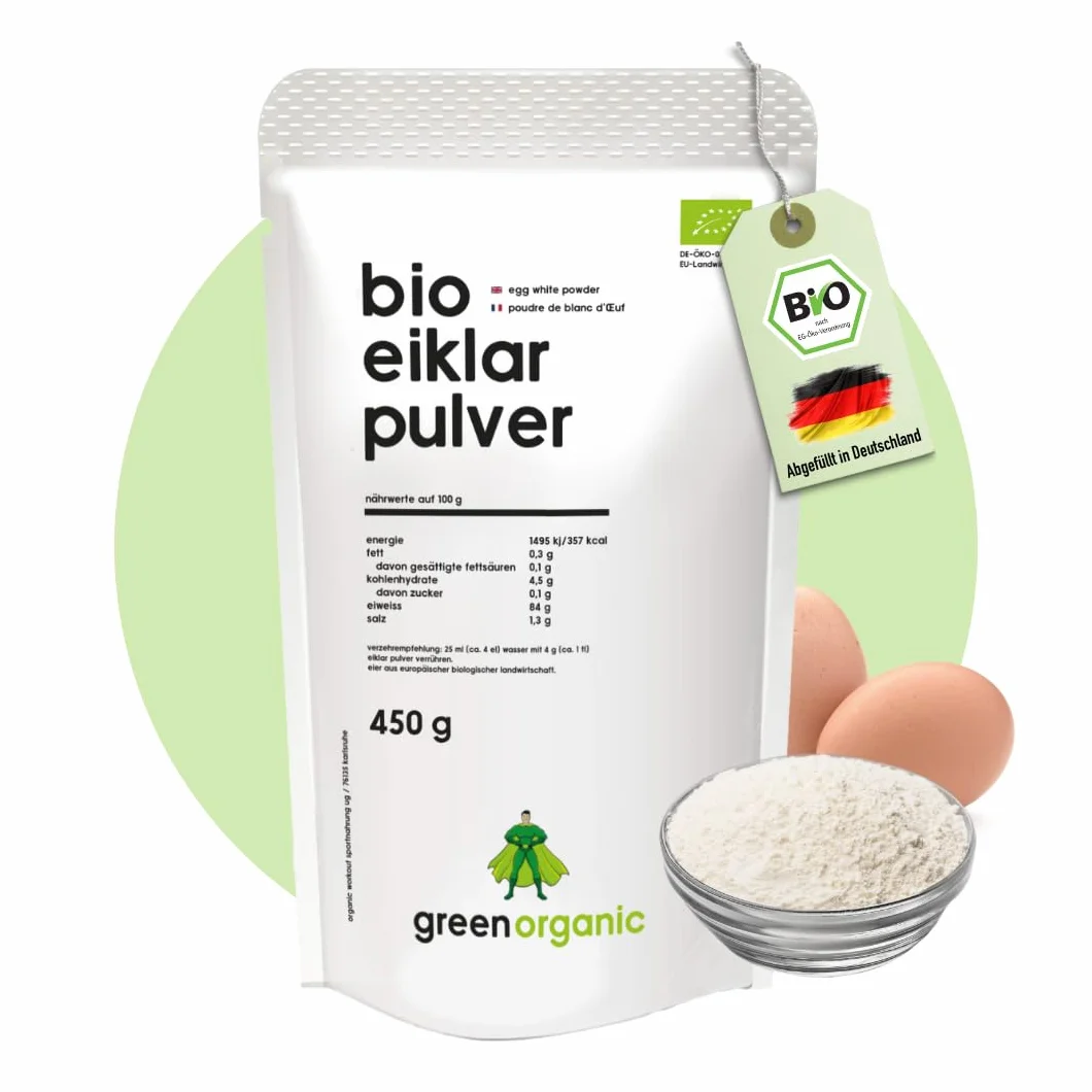 Polvo de clara de huevo orgánico GreenOrganic, 450 g, pasteurizado, secado por pulverización