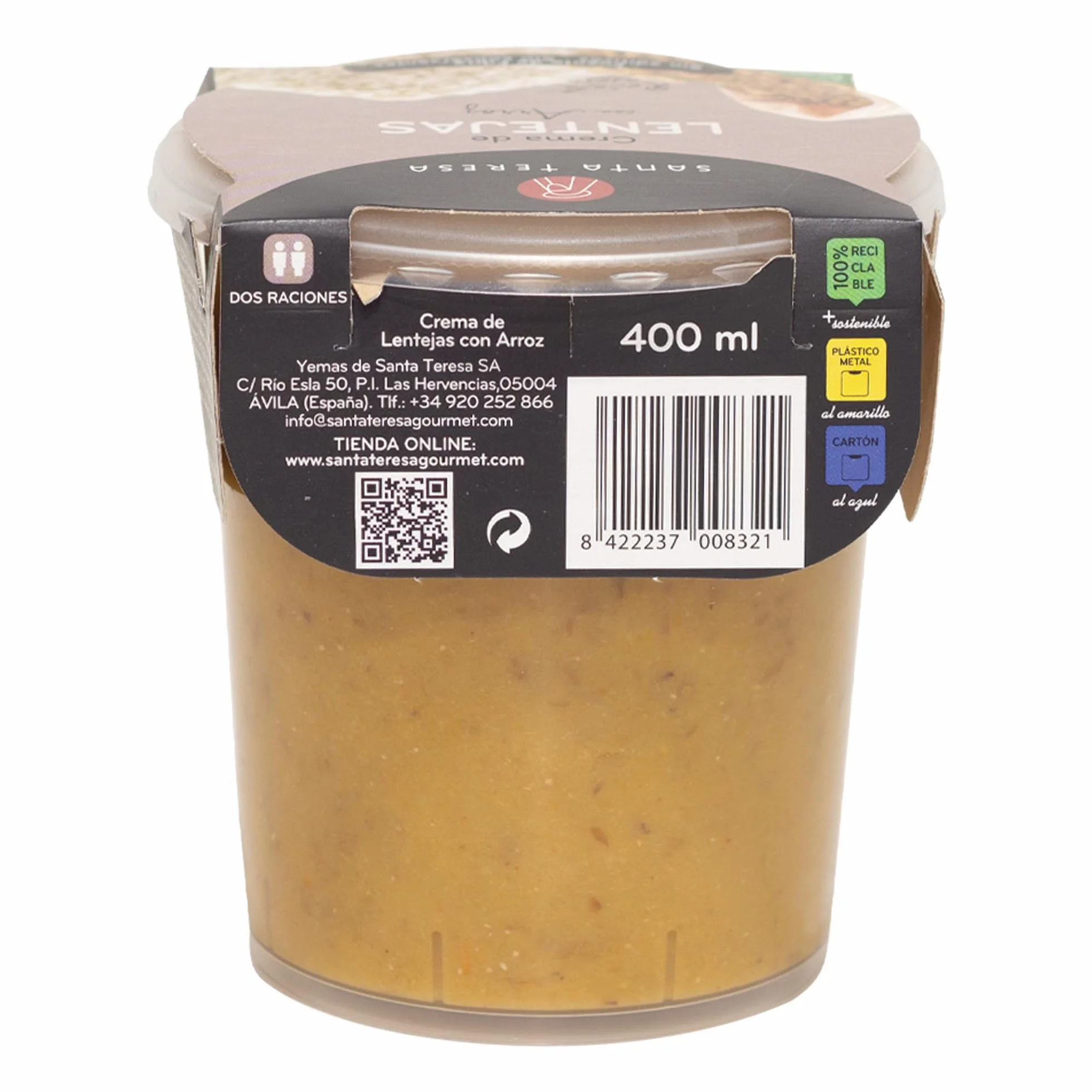 Santa Teresa - Pack de 9 Cremas de Lentejas con Arroz - Elaborada Con Ingredientes Naturales, Sin Conservantes Ni Aditivos - Envase Apto Para Microondas, Calentar Y Listo. 3.600ml