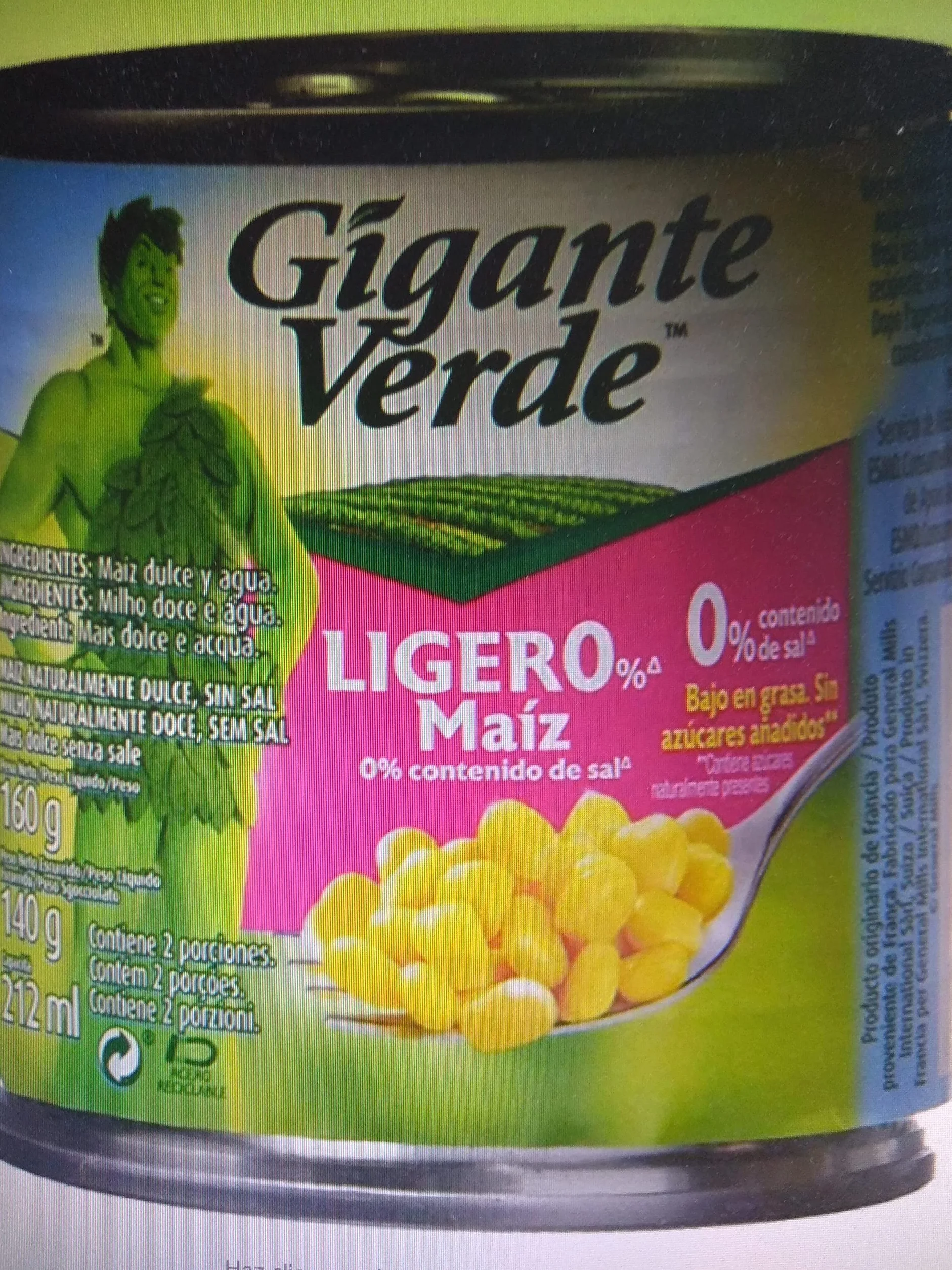 Gigante Verde Maíz Dulce Ligero, 3 x 160g