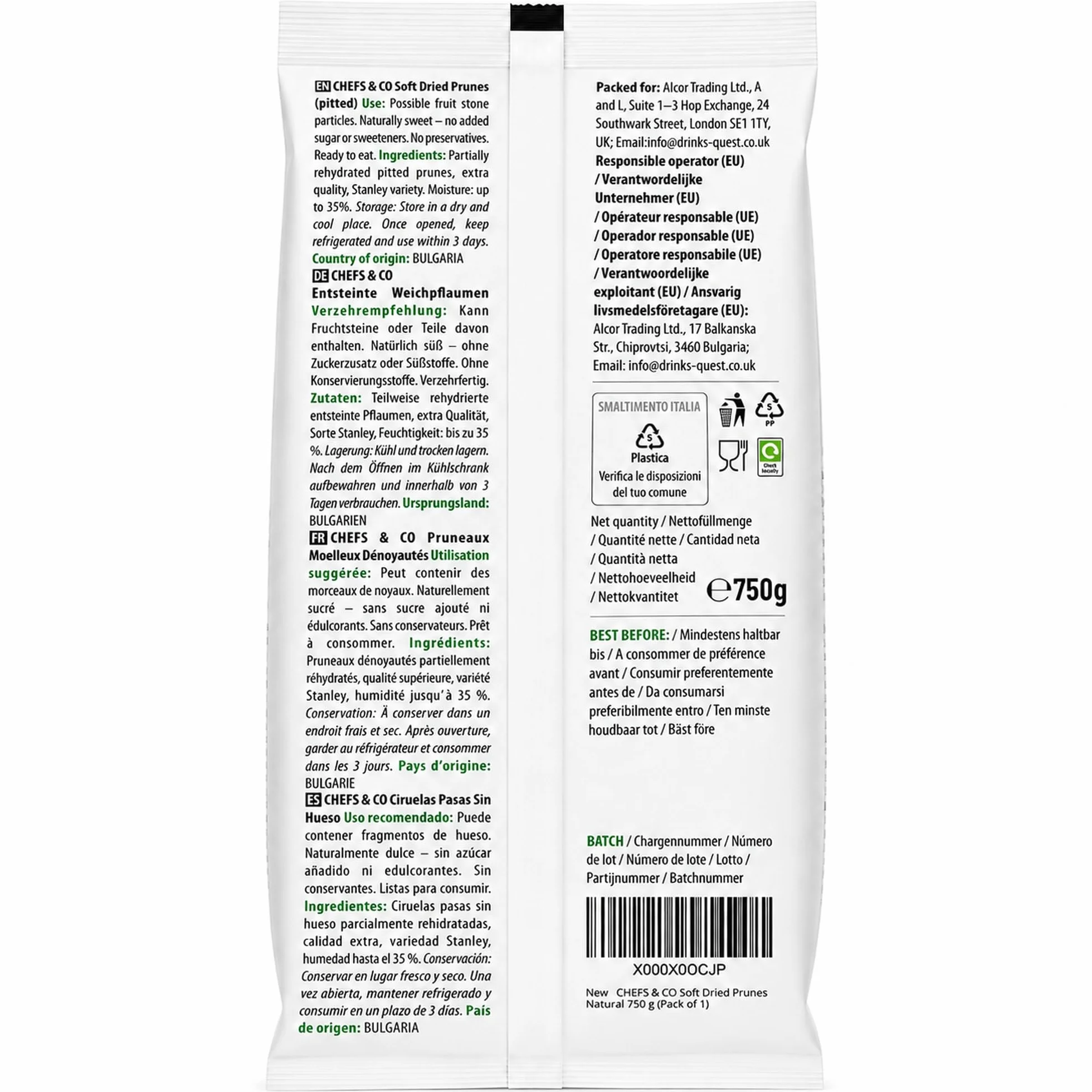 CHEFS & CO Ciruelas Pasas Blandas Sin Hueso | Frutas secas enteras | Tentempié saludable | Vegano y con vitaminas conservadas | Sin sulfitos | Sin azúcares añadidos (Natural, 750g Pack de 1)
