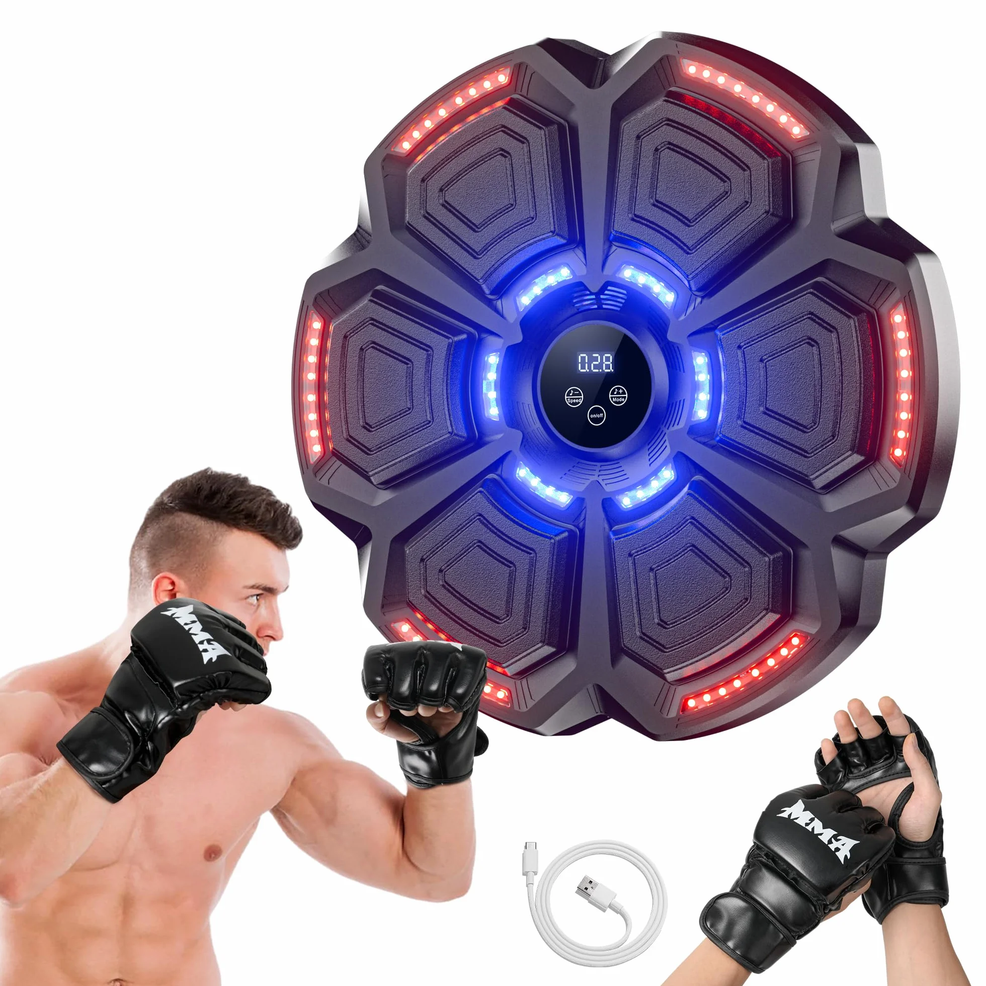 Maquina Boxeo Musical Pared 9 Modos Velocidad con Guantes Bluetooth Recuento Inteligente Luces Ritmo